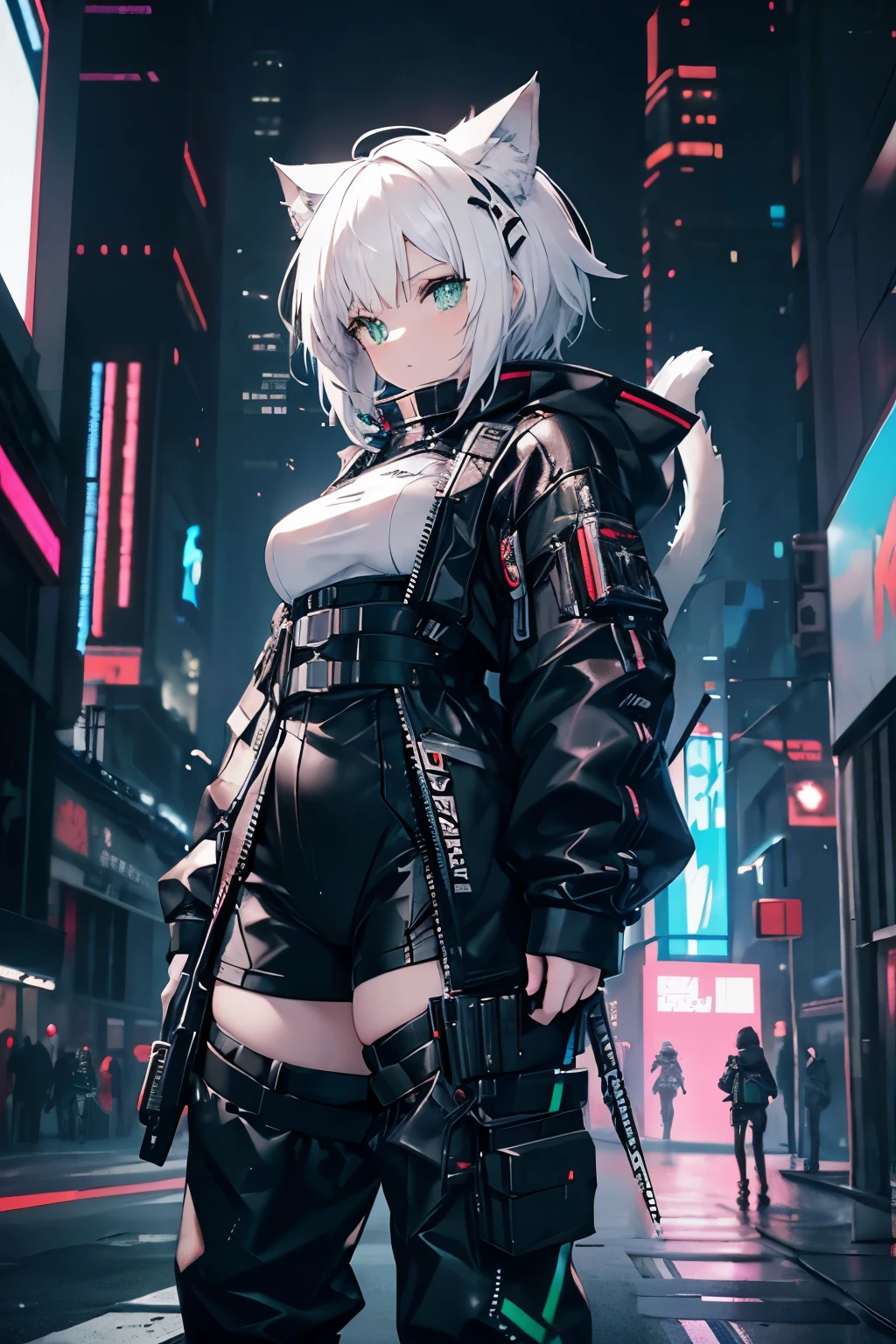 Arknights art style, arknights world,cat girl,cat ears,fluffy white tail,short hair,white hair,green eyes,there is a woman with small breasts and massive hips in a corset and a white outfit, with Fishnet on breasts, humble outfit, wearing techwear and armor, cyberpunk outfit, wearing japanese techwear, intriguing outfit, black and white cyberpunk clothes, cyberpunk style outfit, female cyberpunk anime girl, cyberpunk streetwear, cyberpunk dress, anime girl , photograph of a techwear woman,