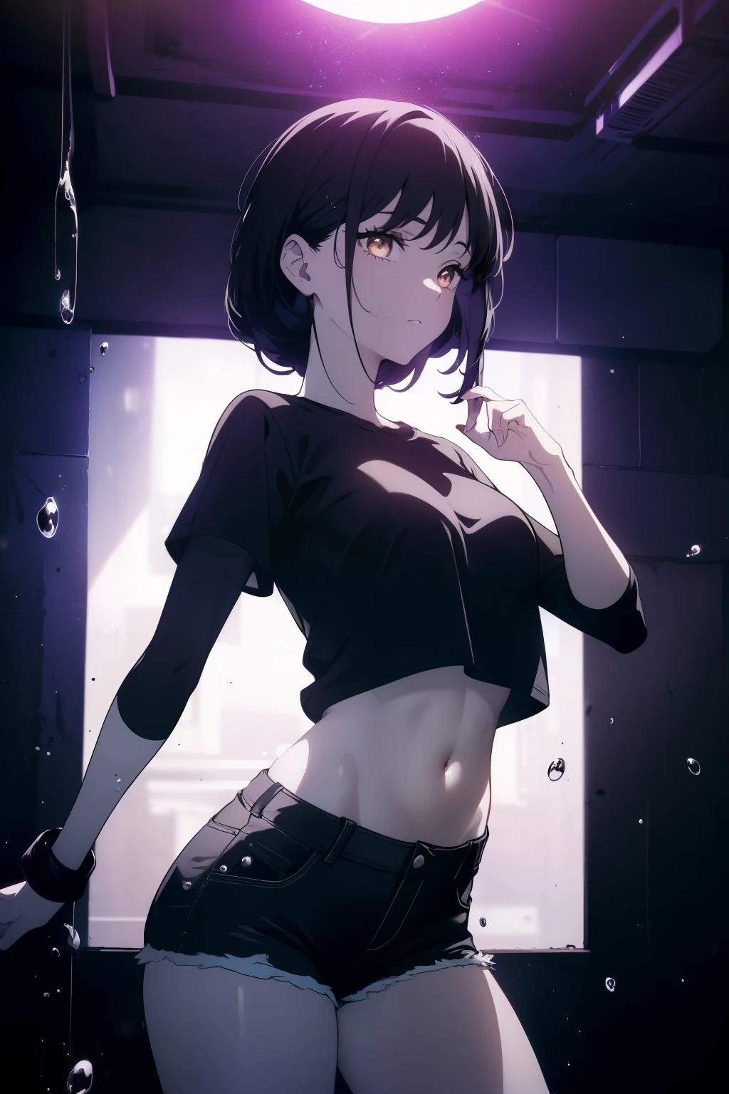 ((((Obra maestra, La mejor calidad, ultrahigh resolution)))), a clear view of a happy looking girl standing in a club waiting for someone)), (black t-shirt, jean shorts, black hair, long dark black hair), pale skin, ((brown eyes)), (glowing_eyes), (ultra detailed eyes:0.7, beautiful and detailed face, detailed eyes:0.9), ((centered)), ((over joyed expression)), ((wide shot)), facing viewer, (((indoor part, purple and black lights, black dancing silhouettes:0.9, rave:1))), medium breasts, looking at viewer, ((perfect hands)), (((head:1, arms, waist in view, elbows, thighs, in view))), lively eyes, beautiful lighting, outside, outdoors, background, defined subject, 25 years old, (head tilt), (((cool))), (lively), (((splash))), ((elegant pose))
