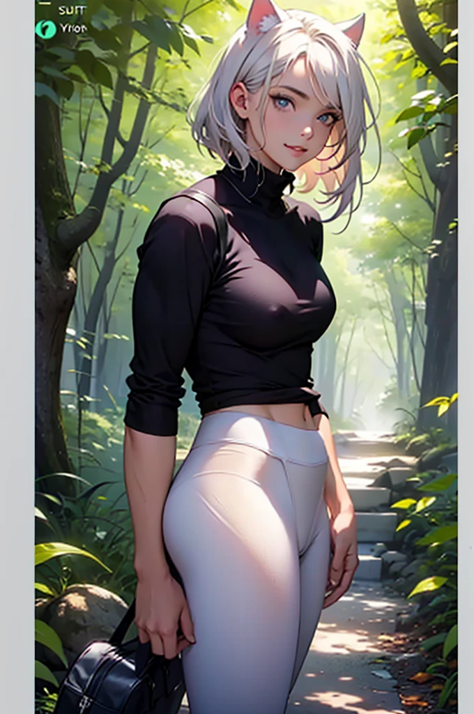 beautiful young warrior with cat ears on her head, com rosto bem detalhado e bonito, belos olhos, belos olhos, rosto lindo, beautiful young woman wearing long brown leggings with black details, sueter apertado branco, Standing in a forest, usando bota preta, cabelo comprido com franja preto, ,orelhas de gato, belo sorriso, tomboy, um pouco musculosa,suter branco com cinta em volta, olhar serio,usando brazer apertado preto
