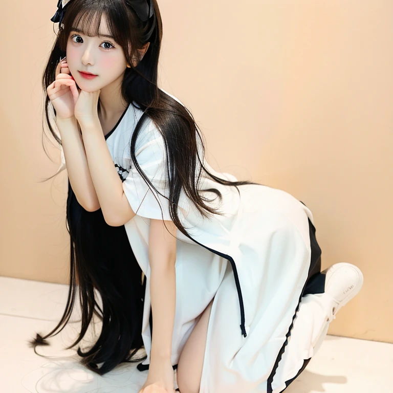 Drawing of a woman kneeling with her hands on her knees, neutral pose, hands behind her body pose!, full entire body fun pose, anime pose, clean anime outlines, the anime girl is crouching, thick black lineart, perfect lineart, Poses variadas, outlined!!!, fully body pose, Full body drawing, thick linework, full pose