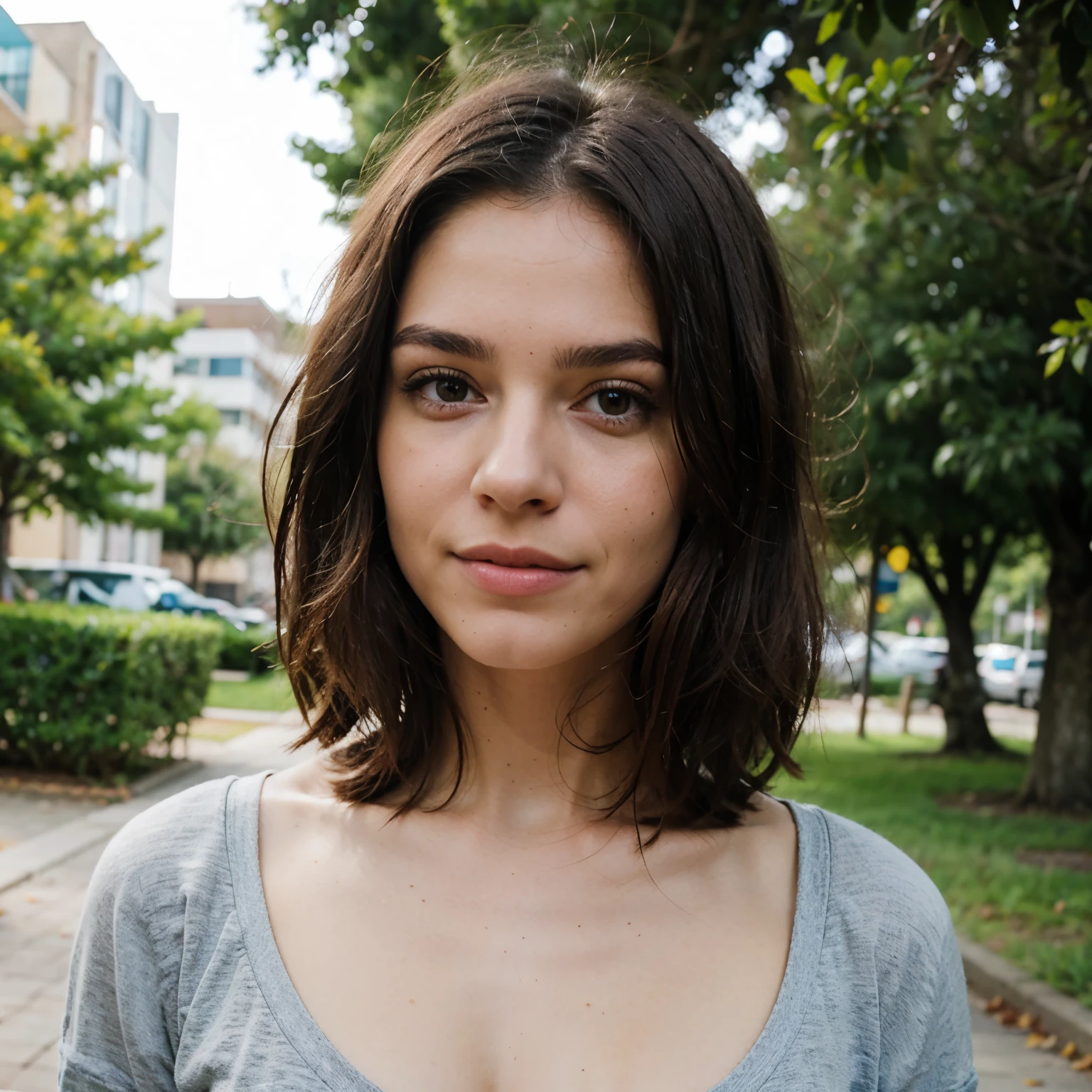 Gere uma imagem realista de uma jovem exploradora digital chamada Aurora Santos. Ela tem 25 anos, tem olhos castanhos expressivos e cabelos pretos com brilho natural. Its appearance is vibrant and authentic, reflecting a mix of curiosity and elegance. Vista-se com estilo Equilibrando conforto e moda,she is in a natural park