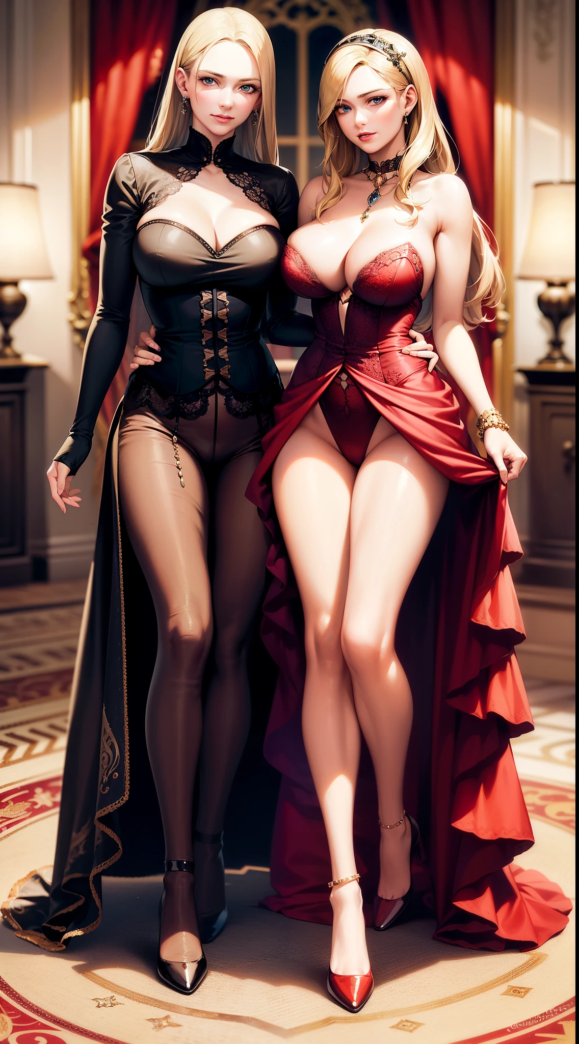 high quality fingers, normal hands, detailed fingers, masterpiece, (realistic, photo-realistic:1.37), (full body:1.5), High-end editorial-style photoshoot highlighting the beauty of a woman with blonde hair and bright blue eyes, dressed in a chic red and black corset, thin waist, seductive smile, large tits, perfect body, perfect face, (full body:1.5), set within the refined atmosphere of a Victorian ballroom. Stylish, elaborate jewelry made with expensive gems.