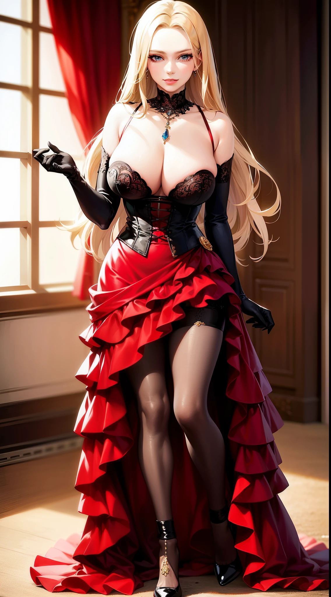 high quality fingers, normal hands, detailed fingers, masterpiece, (realistic, photo-realistic:1.37), (full body:1.5), High-end editorial-style photoshoot highlighting the beauty of a woman with blonde hair and bright blue eyes, dressed in a chic red and black corset, thin waist, seductive smile, large tits, perfect body, perfect face, (full body:1.5), set within the refined atmosphere of a Victorian ballroom. Stylish, elaborate jewelry made with expensive gems.