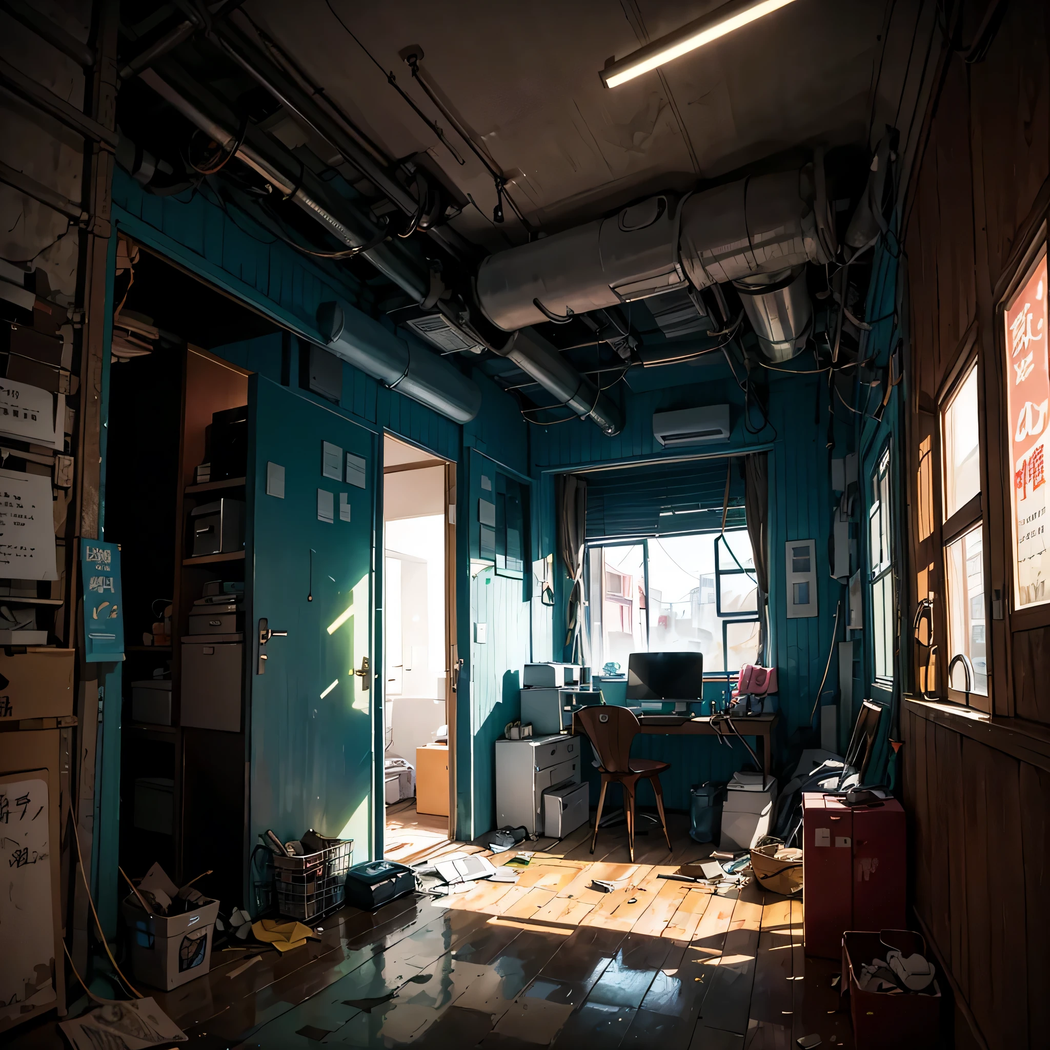 abandoned internet cafe、同润会公寓超现实和非常详细的illuminations、Computer桌、Computer、shoe rack、entranceway、Shoe box、umbrella stand、Destroyed、Abandoned houses、illuminations、gibli、Scattered shoes、Carton、、green bucket、metal sign、electric cables、cap、Rusty管子、wall pipe、electricity meters、gray and dark walls、 Empty box、old on the floor、Paint on damaged walls、Metal and Rusty scrap、mechanicalparts(Rusty、Brown)、Very detailed neon wall advertising、spotlight lights、Artificial sterile environment and heavy smoke、very dark landscape shadows、Red and green neon lights、Water Moisture、Puddles reflect dim ambient light、wooden、early evening、golden age、