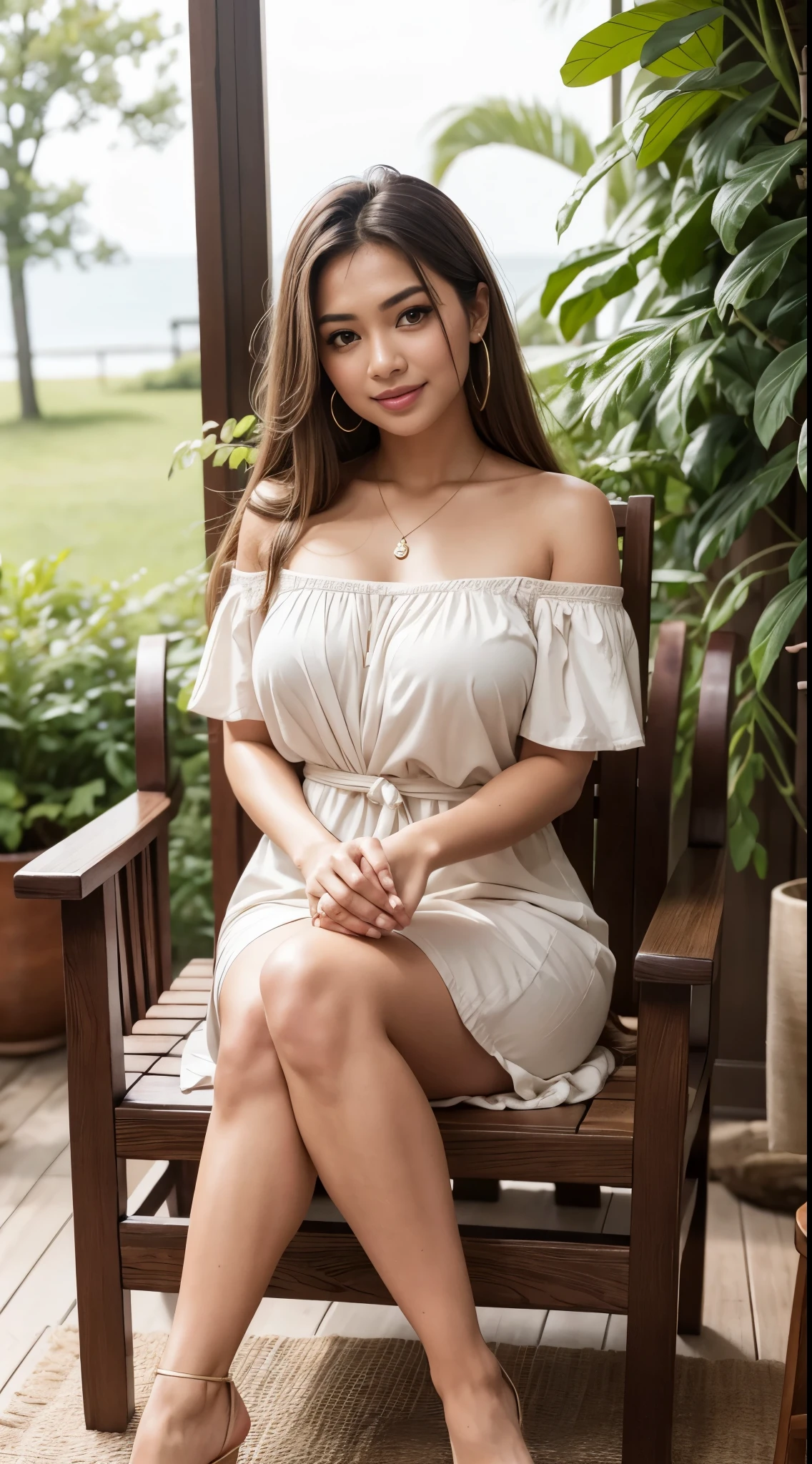 RAW, Best quality, high resolution, masterpiece: 1.3), beautiful Malay woman, Masterpiece, perfect fit body, big breasts, beautiful big eyes, long hair, brown hair, Soft smile, thick thighs, Beautiful Malay woman in Short white dress sitting on a wooden chair, Her face is smiling, Beautiful and moving。Her long hair is draped thinly over her shoulders, fluttering slightly, She seems to be enjoying a peaceful time, The surrounding atmosphere is full of warmth and tranquility, The red chair adds A touch of vibrancy and bright color to her image, contrasting with the Short white dress she wears, attracts attention, the whole image exudes a relaxed and pleasant atmosphere, warming the heart