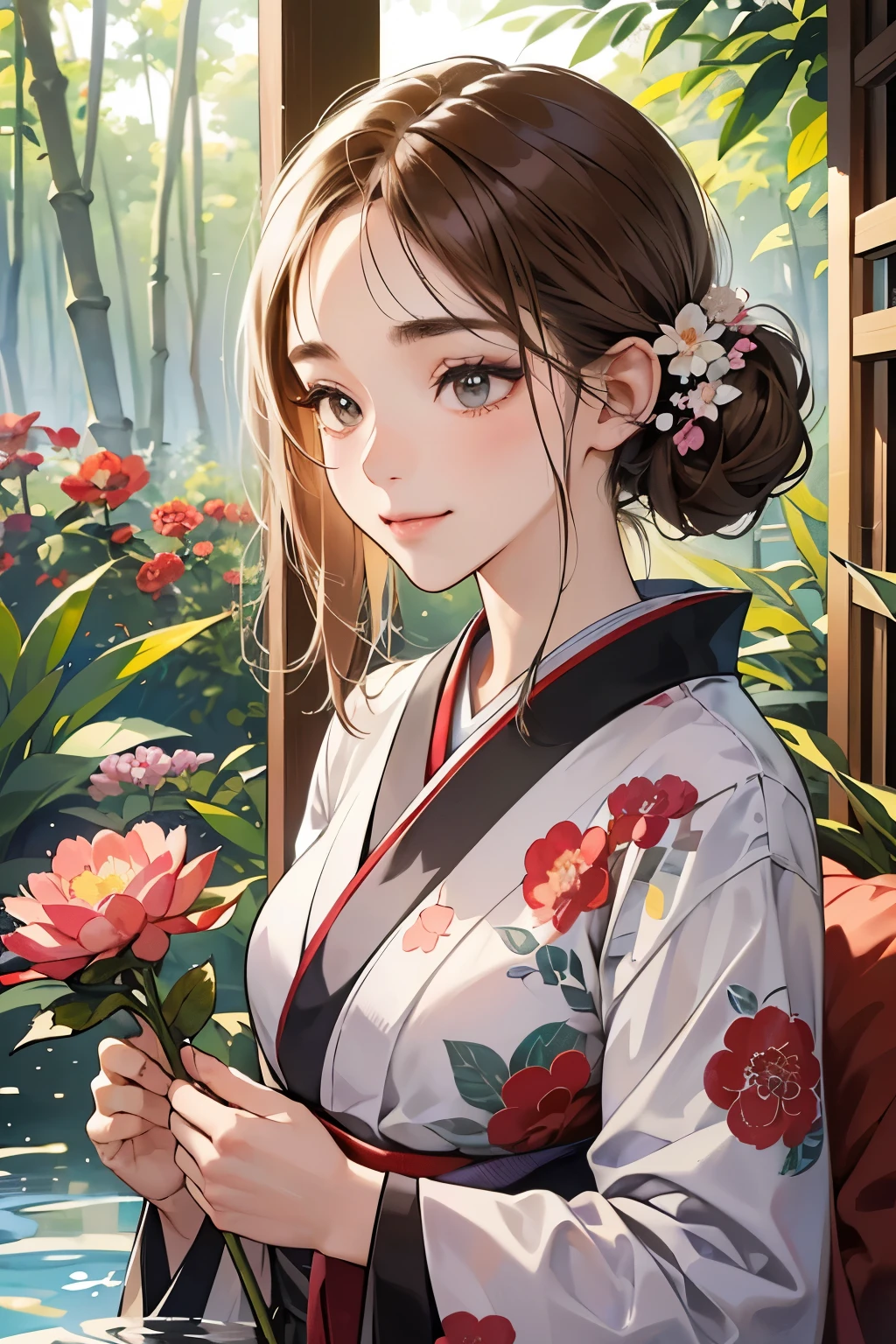 (masutepiece, Digital Art, Digital Illustration, 4K, 8K, Ultra-detailed, beautiful image, Sharp Image, Photorealistic, Raw photo, Perfect face, Perfect lines, Perfect eyes, Soft lighting) 1 woman, (lightbrown hair,Chignon hair in a high position,Innocent look,Lowered eyebrows,drooping eyebrows,drooing eyes,cute large eyes,natural make up,kindly smile,Round jaws,23 y-o woman:1.3),スーツ姿のハンサムなember性2人, (ember,ember性はスーツ姿,well-muscled,Firm shoulder width, emberの,Boyish hairstyle,English gentlemanly style,クールな表情の30代ember性,明るい笑顔の28歳ember性:1.2),(Nervous,be shy,sleepy,embarrassed from:1.2),innocent smiles,(embarrassed from,Shy smile:1.1),Deep in the forest、hideout、Hot Spring Ryokan、Japan Traditional Night Kimono,Kimono with red peony pattern isolated on white background、Floral hair ornament,raise arms,Walk,appearance、bamboo forest garden、outdoor bath、the kiss、a couple、a couplethe kiss、Romance、the kiss、Take off your kimono and soak in the hot spring