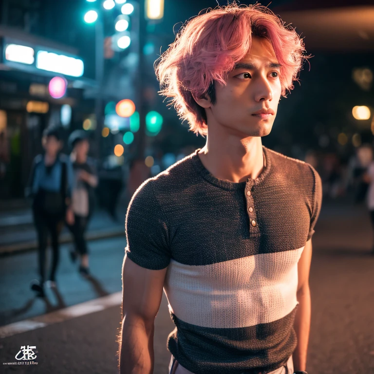 Shota Watanabe, Portrait,muscular, (absurderes, hight resolution, ultra-detailliert),((masutepiece)), ((Best Quality:1.1)), hight resolutionであり, 8K,30's man, Yokohama Boynest Quality,a beard, masutepiece, (photoRealistic:1.4), 8K raw photo, 4K, High quality, masutepiece, Best Quality, hight resolution, Dynamic Poses, Realistic, Detailed skin, matured male, High contrast,Bust top details ,pink high neck knit,good chest muscles,Pichi Pitinite,Night walk,face yourself,Night view of Yokohama,My name is Gojo, Asian 30s、I want to be a good-looking guy、I like ramen, right?、Height 172、Pink open collar shirt、dishevled hair、79 km、with round face、I feel like I'm wearing tight pants、Bike commuting、Yokohama boys、Night view of Yokohama、