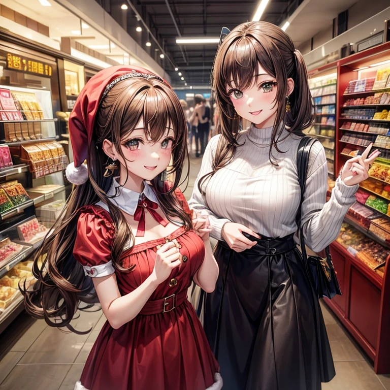 animesque、a beauty girl、department store、santa、shopping、Knitted dresses、Brown hair、poneyTail、piercings、a smile