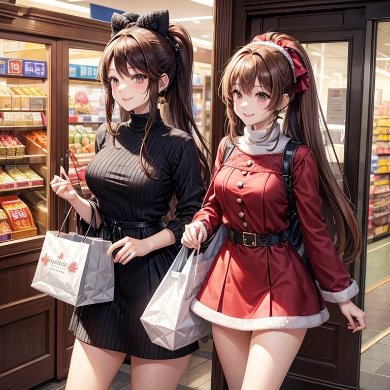 animesque、a beauty girl、department store、santa、shopping、Knitted dresses、Brown hair、poneyTail、piercings、a smile