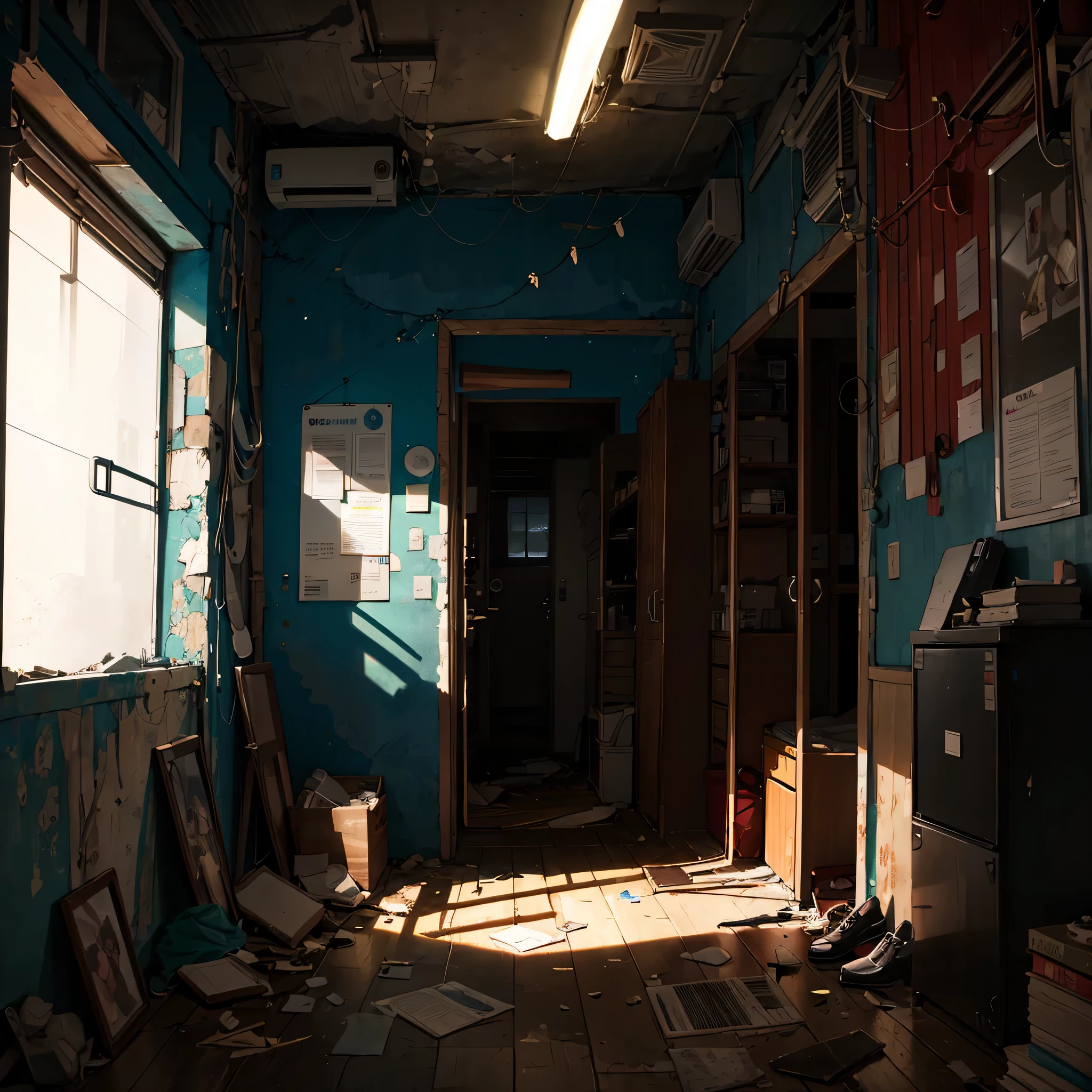 abandoned internet cafe、同润会公寓超现实和非常详细的illuminations、Computer桌、Computer、shoe rack、entranceway、Shoe box、umbrella stand、Destroyed、Abandoned houses、illuminations、gibli、Scattered shoes、Carton、、green bucket、metal sign、electric cables、cap、Rusty管子、wall pipe、electricity meters、gray and dark walls、 Empty box、old on the floor、Paint on damaged walls、Metal and Rusty scrap、mechanicalparts(Rusty、Brown)、Very detailed neon wall advertising、spotlight lights、Artificial sterile environment and heavy smoke、very dark landscape shadows、Red and green neon lights、Water Moisture、Puddles reflect dim ambient light、wooden、early evening、golden age、