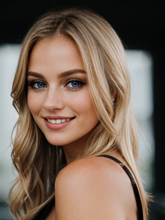 Closeup photo of dark upper body of blonde woman with perfect eyes, Smile, Dark background
