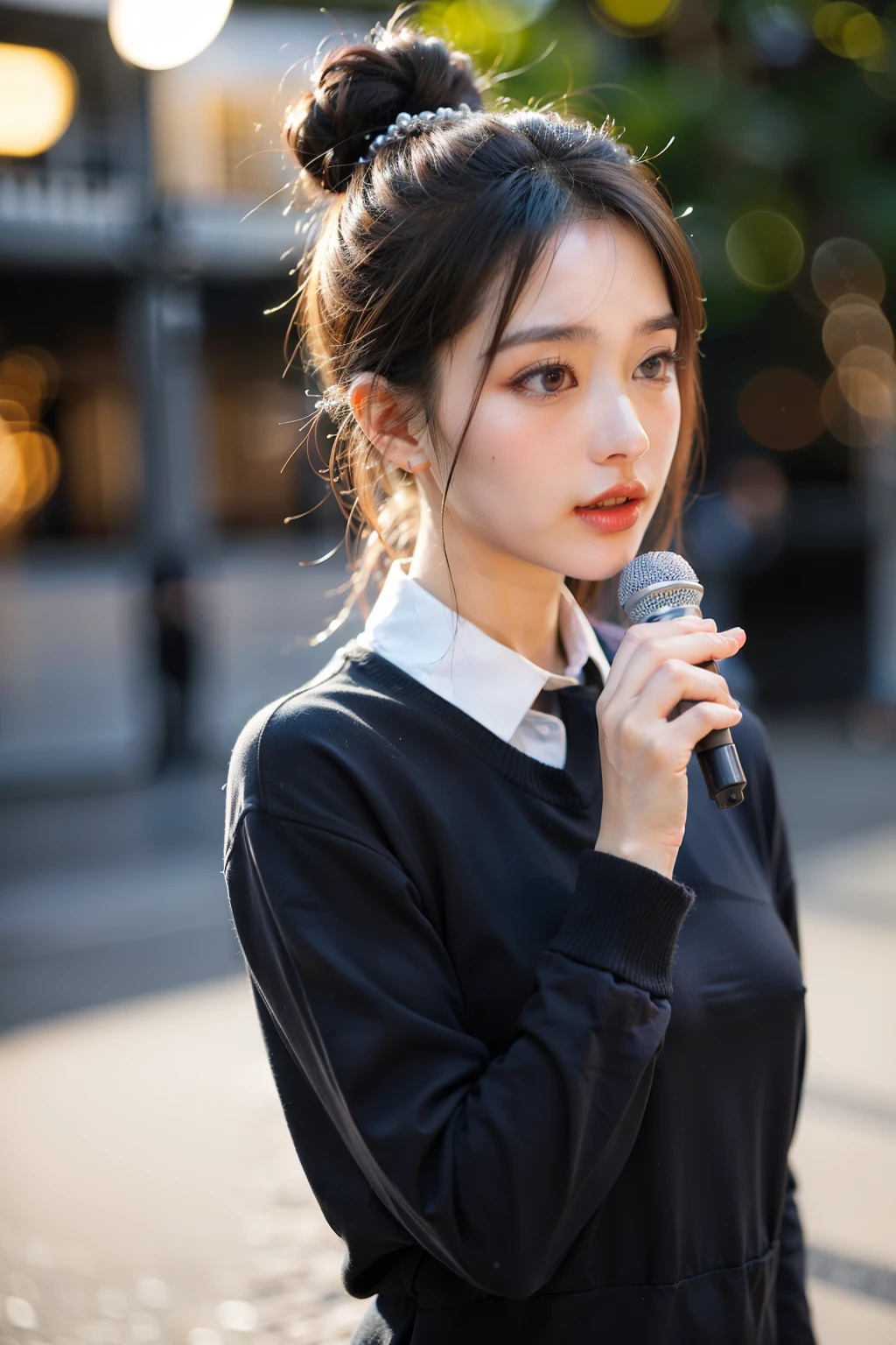 ((Best quality at best)), ((tmasterpiece)), (Detailed pubic haictory in operation in the background,Female upper body,Naturally shy face,Singing,Brown long-sleeved work uniform,Hair tied up,中景 the scene iackground bokeh