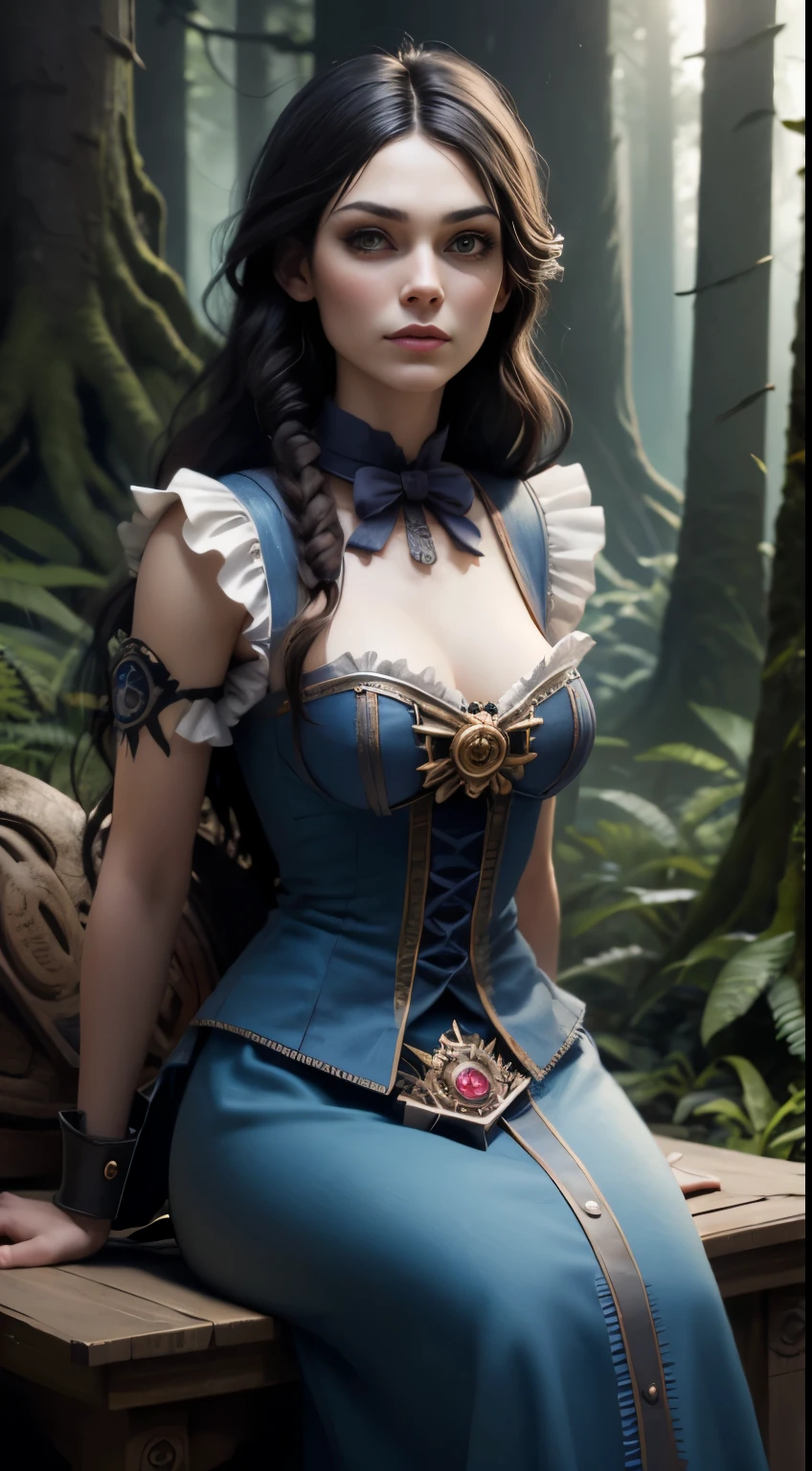 photo of Keira Knightley, RAW, beautiful woman, ((portrait)), ((detailed face:1.2)), ((detailed facial feature, detailed skin, clear skin), (perfect proportioned body), ((wearing American McGee's Alice in Wonderland outfit)), sitting for tea, (high detailed giant mystical forest), (arms behind back: 1.2), (realistic photo, best quality, detailed), (8k wallpaper), (cinematic lighting, dramatic lighting) (sharp focus, intricate)