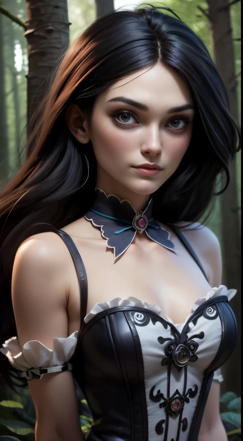 photo of Keira Knightley, RAW, beautiful woman, ((portrait)), ((detailed face:1.2)), ((detailed facial feature, detailed skin, clear skin), (perfect proportioned body), ((wearing American McGee's Alice in Wonderland outfit)), sitting for tea, (high detailed giant mystical forest), (arms behind back: 1.2), (realistic photo, best quality, detailed), (8k wallpaper), (cinematic lighting, dramatic lighting) (sharp focus, intricate)