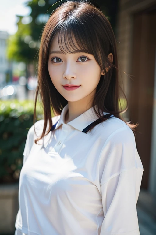 (white hair net)、(White helmet)、(white long sleeve polo shirt)、in 8K,Best Quality:1.4, 超A high resolution:1.5, (Photorealistic:1.4),masterpiece:1.2,(top-quality:1.4)、 Raw photo、(the background is blurred)、 Girl in 1, Cute, (Solo), (Shy smile), 、(30-years old:1.4)、to stand、Cute mini skirt、nogizaka、cute little、Supple fingertips,Beautiful black eyes、natural skin textures:1.3, realistic eyes and face details:1.7、middlebreasts、gazing at viewer