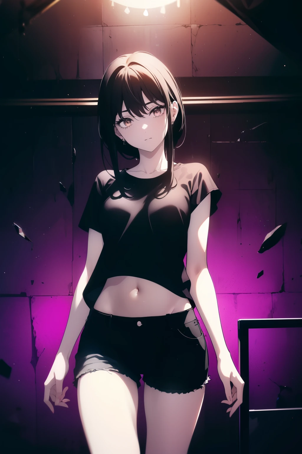 ((((Obra maestra, La mejor calidad, ultrahigh resolution)))), a clear view of a happy looking girl standing in a club waiting for someone)), (black t-shirt, jean shorts, black hair, long dark black hair), pale skin, ((brown eyes)), (glowing_eyes), (ultra detailed eyes:0.7, beautiful and detailed face, detailed eyes:0.9), ((centered)), ((over joyed expression)), ((wide shot)), facing viewer, (((indoor part, purple and black lights, black dancing silhouettes:0.9, rave:1))), medium breasts, looking at viewer, ((perfect hands)), (((head:1, arms, waist in view, elbows, thighs, in view))), lively eyes, beautiful lighting, outside, outdoors, background, defined subject, 25 years old, (head tilt), (((cool))), (lively), ((elegant pose))