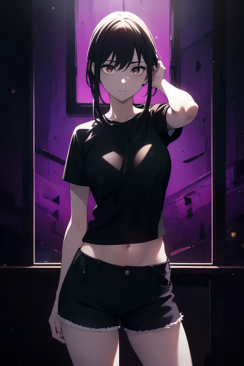 ((((Obra maestra, La mejor calidad, ultrahigh resolution)))), a clear view of a happy looking girl standing in a club waiting for someone)), (black t-shirt, jean shorts, black hair, long dark black hair), pale skin, ((brown eyes)), (glowing_eyes), (ultra detailed eyes:0.7, beautiful and detailed face, detailed eyes:0.9), ((centered)), ((over joyed expression)), ((wide shot)), facing viewer, (((indoor part, purple and black lights, black dancing silhouettes:0.9, rave:1))), medium breasts, looking at viewer, ((perfect hands)), (((head:1, arms, waist in view, hands, elbows, thighs, in view))), lively eyes, beautiful lighting, outside, outdoors, background, defined subject, 25 years old, (head tilt), (((cool))), (lively), ((elegant pose))