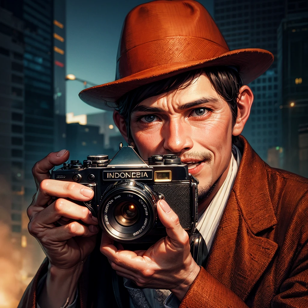 arafed man in a hat holding a camera and smiling, vintage photography, retro photography, style of ade santora, photography portrait, cyberpunk