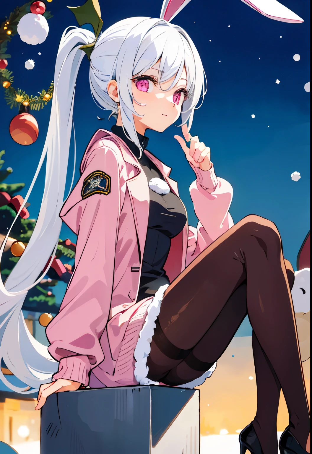 Best quality at best:1.4, (change:1.2), very long eyes, very large eyes, Very small height, very innocent face, White hair, (Low double ponytail:1.4), (very long Low double ponytail), a pink eyes, ssmile, bunny ears), jaket, high-heels, lacepantyhose, 1个Giant Breast Girl，Christmas theme