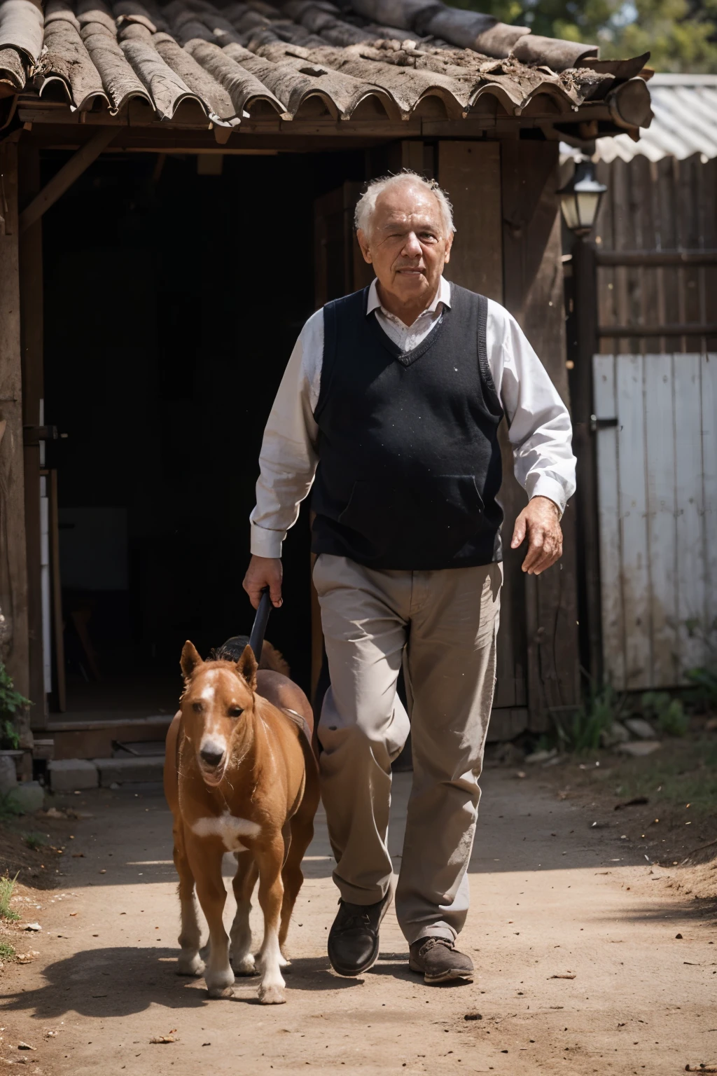 Old man with two animal horse and dog 4k