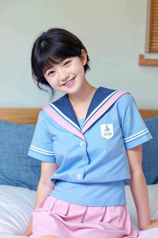 real 18 year old woman、Sleeping in bed、Light blue sailor suit、Light blue short skirt、Pink cushion、Short black hair、a smile、soio、hight resolution、top-quality