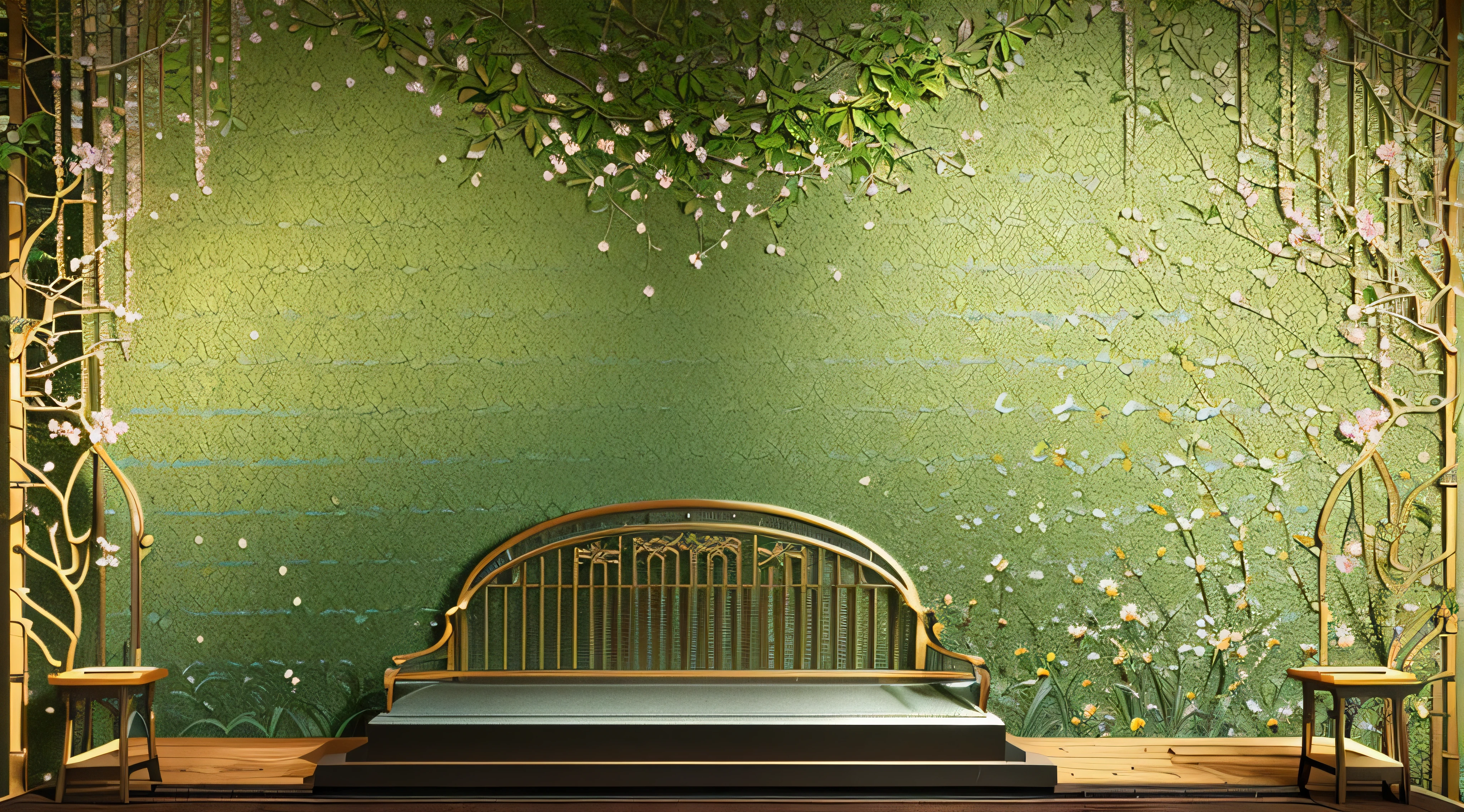 (Best quality at best, 4K, A high resolution, tmasterpiece: 1.2), ((((Super complex and detailed, Super neat layout decorative wall, the wallpaper))), will trees、Natural elements such as flowers are combined with metal machinery，Create a fantastic natural mechanical landscape that subverts traditional natural beauty