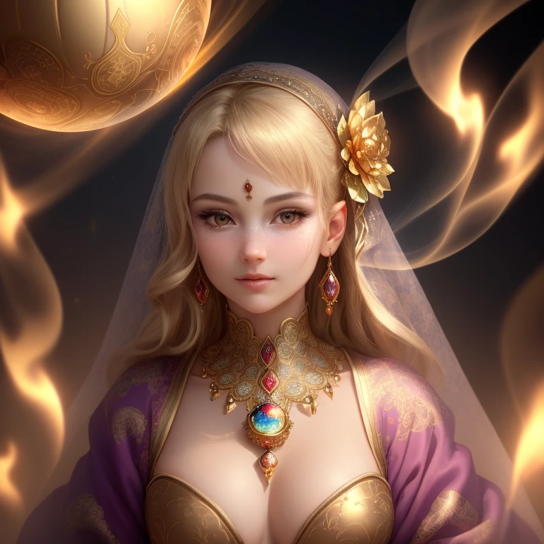(Best Quality,4K,8K,hight resolution,masutepiece:1.2),Ultra-detailed,(Realistic,photoRealistic,photo-Realistic:1.37),A crystal ball stared at by mysterious eyes,Illustration,luxuriously decorated crystal ball,glimmering light,fascinating fortune teller,deep and captivating gaze,Vibrant colors,surRealistic style,evocative atmosphere,detailed facial features,golden gorgeous pattern,Magical smoke rising from the ball,Spooky Shadows,Dimly lit room