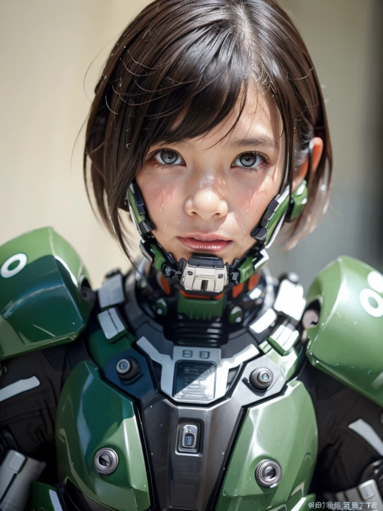 Textured skin, Super Detail, high details, High quality, Best Quality, hight resolution, 1080p, hard disk, Beautiful,(War Machine),beautiful cyborg woman,Dark Green Mecha Cyborg Girl,Very Shorthair、sweaty brown eyes、Sweaty face、Bitter expression　Drooling from the mouth　Moist eyes　Elementary school girls　Looks spicy　(The limit of patience) crouch down　squatt　The vagina is visible