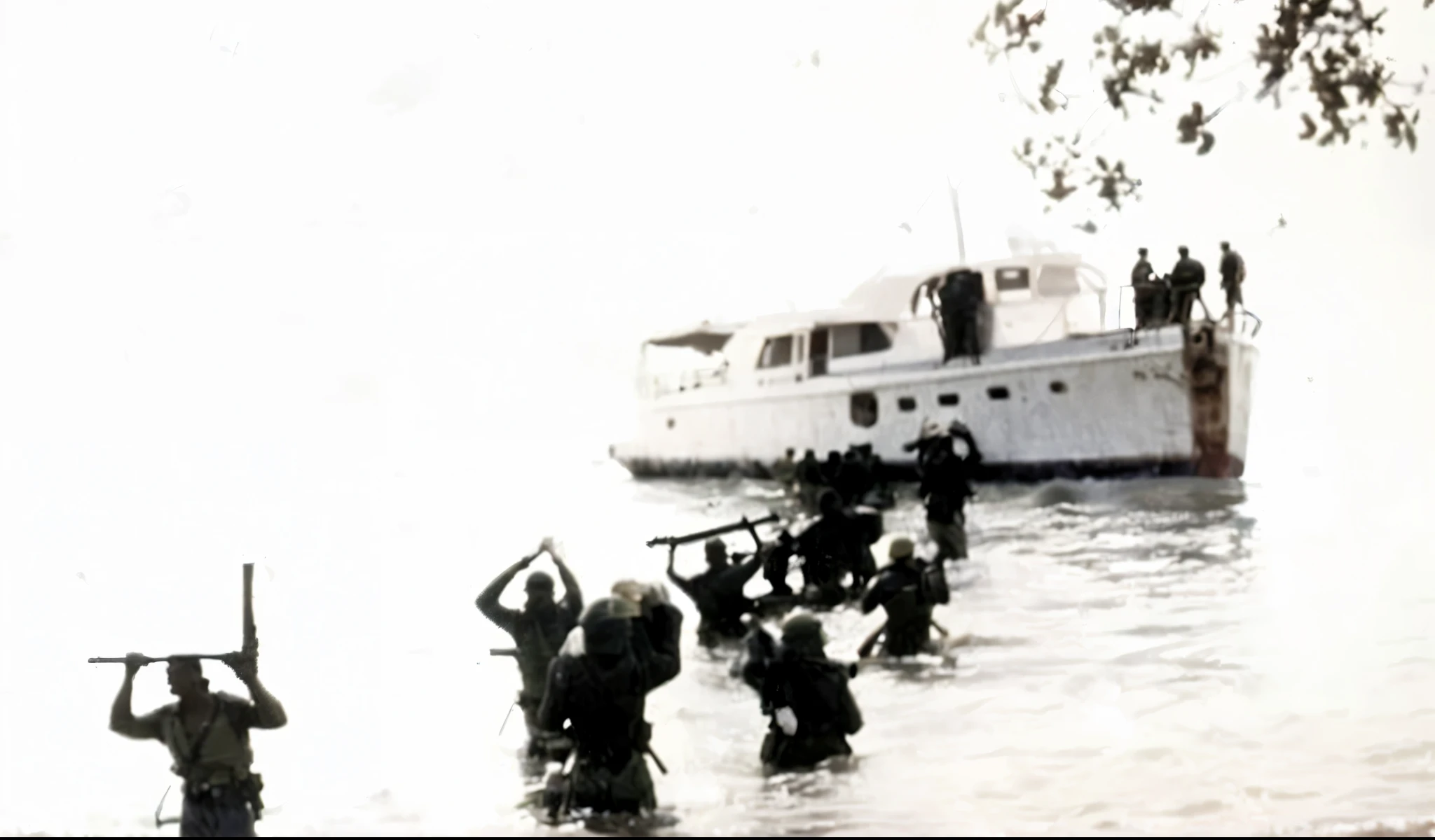 Imagine a cloudy dawn on the southern coast of Oriente, in Playa Las Coloradas, Cuba, on December 2, 1956. The Granma yacht, about 18 meters long, is anchored near the shore, surrounded by breaking waves. The morning is calm, but the atmosphere is tense, filled with the anticipation and determination of the 82 revolutionaries on board. The revolutionaries, led by Fidel Castro, Raúl Castro and "Che" Guevara, wear makeshift guerrilla uniforms. Their clothes are simple, consisting of khaki shirts, dark pants and hiking boots. They wear berets or caps, symbols of the guerrilla, and some of them have backpacks and weapons on their shoulders. The predominant colors in their uniforms are green and brown, ideal camouflage for future operations in the mountains of the Sierra Maestra. The Granma yacht, white or cream in color, stands out in contrast to the coastal landscape. The waves break gently on the beach, and the smoke from the Granma's engine mixes with the sea mist. The sky is cloudy, with gray and blue tones in the early morning, creating a tense but determined atmosphere. It is a critical and historic moment in which these men disembark to face the difficulties and challenges that the revolutionary struggle has in store for them. This landing marks the beginning of a significant chapter in Cuban history, which will change the course of the country forever.