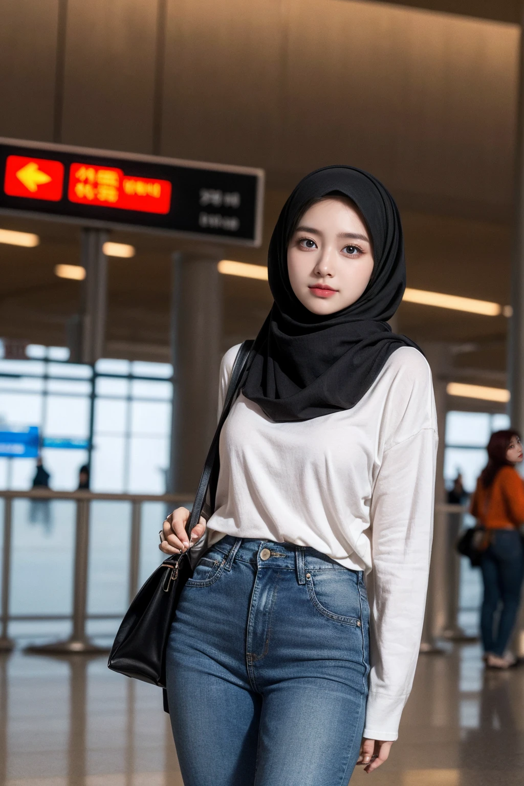 (realistic photos of Hijab Korean female, slightly smile,expressive eyes,eye makeup,airport background,standing posture,confident attitude,Eye-Level Shot, slightly blurry background,UHD,masterpiece:1.2,highres,16k), long Jeans