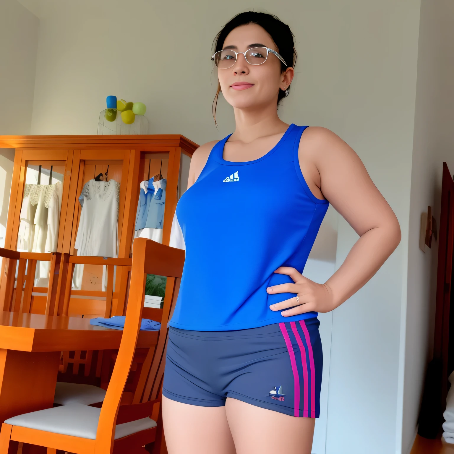 mulher de blusa azul e shorts em frente a uma mesa de jantar, sport bra and shorts azul escuro, sport bra and shorts, mulher curta robusta, vestindo regata e bermuda, vestindo camisola e shorts, regata preta apertada e shorts, usando equipamento de fitness, vestido com um top e shorts, tiro do meio cintura para cima, usando roupas adidas