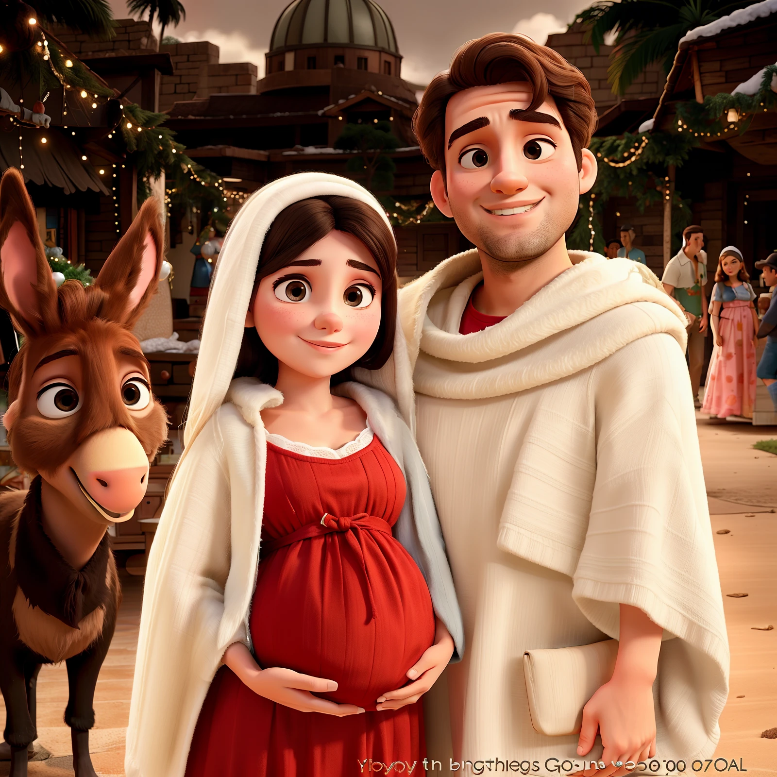 Casal, young and pregnant woman, homem 50 anos, roupas antigas, contexto de natal.