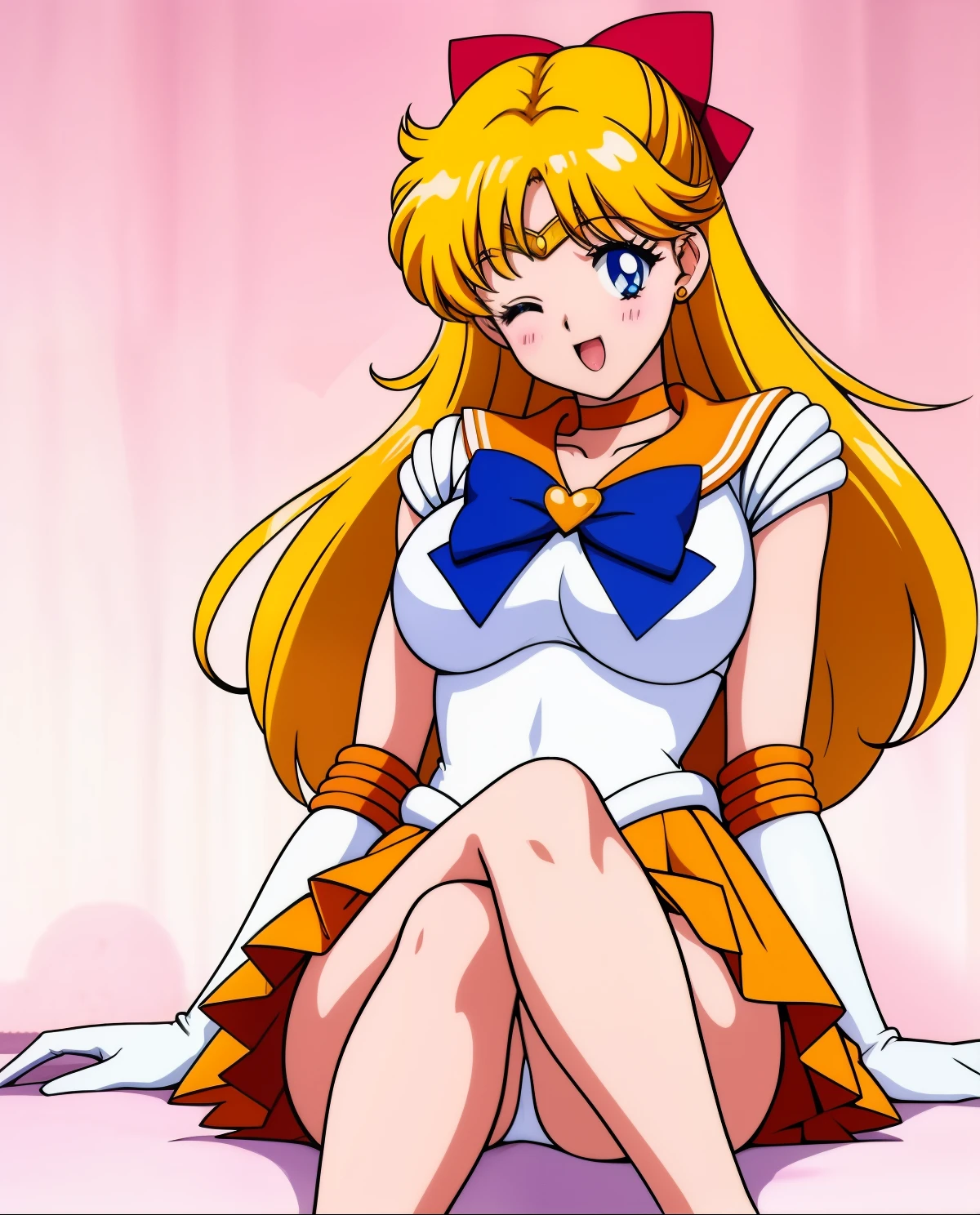 Top Quality Anime Art、​masterpiece、high definition anime art、アニメstyles4K、aino minako、sailorvenus、Sailor Senshi Uniform、Anime Aunt、A MILF、a matural female、Older、Woman in her 40s、MILF、Orange skirt、Golden skirt、Orange Choker、Golden Choker、traditional_media、Orange sailor collar、Golden sailor collar、Very long blonde woman、bow、solo、red_bow、White leotard、highleg leotard、robe blanche、skirt、One eye is closed、magical 、jewelry、white glove、elbowgloves、Blue-eyed woman、marker_(medium)、hair_bow、back_bow、Woman with very large breasts、huge tit、sample、open_mouthsmile、woman is sitting、circlet、long legs、Orange High Heels、Golden high heels、heart、rating:questionable、Half Up Hair、a miniskirt、pleatedskirt、violet_bow、rating:safe、耳环、Leotila、shiny、;d、millipen_(medium)、blush、looking_at_viewer、Bare shoulders、bare legs、Classic Women、(1990's\(styles\):0.9)