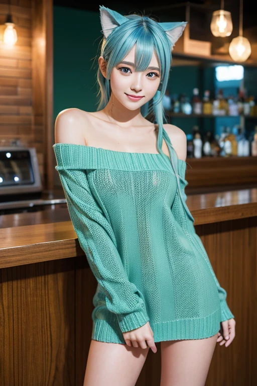 masterpiece, best quality, ultra-detailed, extremely detailed, 4K, 8K, best quality, beautiful, pretty woman, solo, beautiful light blue hair, beautiful green eyes, beautiful eyes, long hair, cat ears,
BREAK
in the middle, smile, open mouth, off-shoulder knit sweater, miniskirt, ponytail, black knee socks,
BREAK
background, bar, (dynamic angle), in Anime style