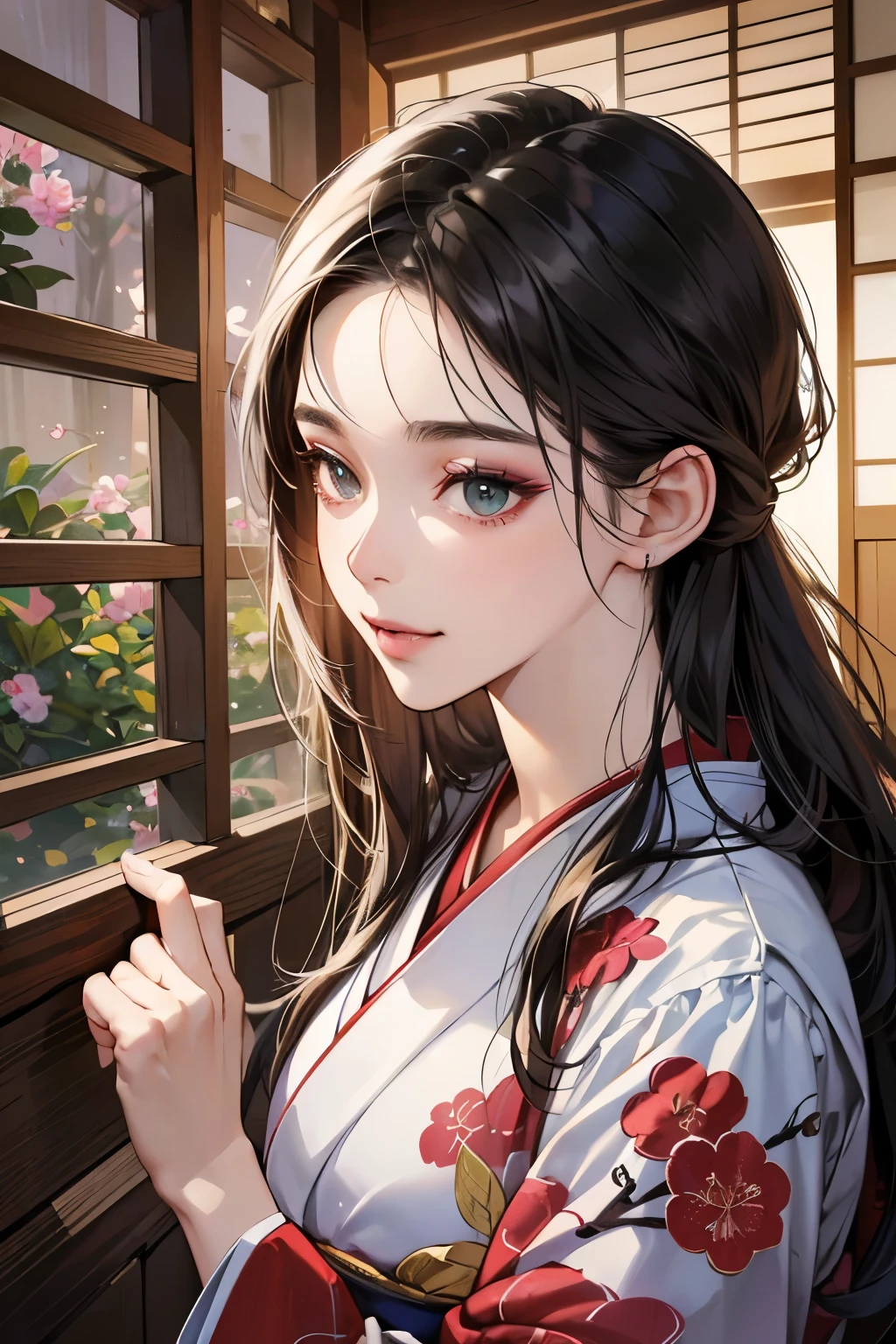 (masutepiece, Digital Art, Digital Illustration, 4K, 8K, Ultra-detailed, beautiful image, Sharp Image, Photorealistic, Raw photo, Perfect face, Perfect lines, Perfect eyes, Soft lighting) ,1 woman, (Black hair,straight haired,Bullish gaze,Beautie,ellegance,Solid makeup,23 y-o woman,small tits:1.3),スーツ姿のハンサムなember性2人, (ember,ember性はスーツ姿,well-muscled,Firm shoulder width, emberの,Boyish hairstyle,English gentlemanly style,クールな表情の30代ember性,明るい笑顔の28歳ember性:1.2),Show white teeth and smile(embarrassed from,Shy smile:1.1),(Nervous,be shy,sleepy,embarrassed from:1.1),Open your thin mouth,innocent smiles,Looking at the camera,Dating,Japan Traditional Evening Kimono,raise arms,Black floral kimono,Hot Spring Ryokan、bamboo forest garden、the kiss、a couple、a couplethe kiss、Romance、