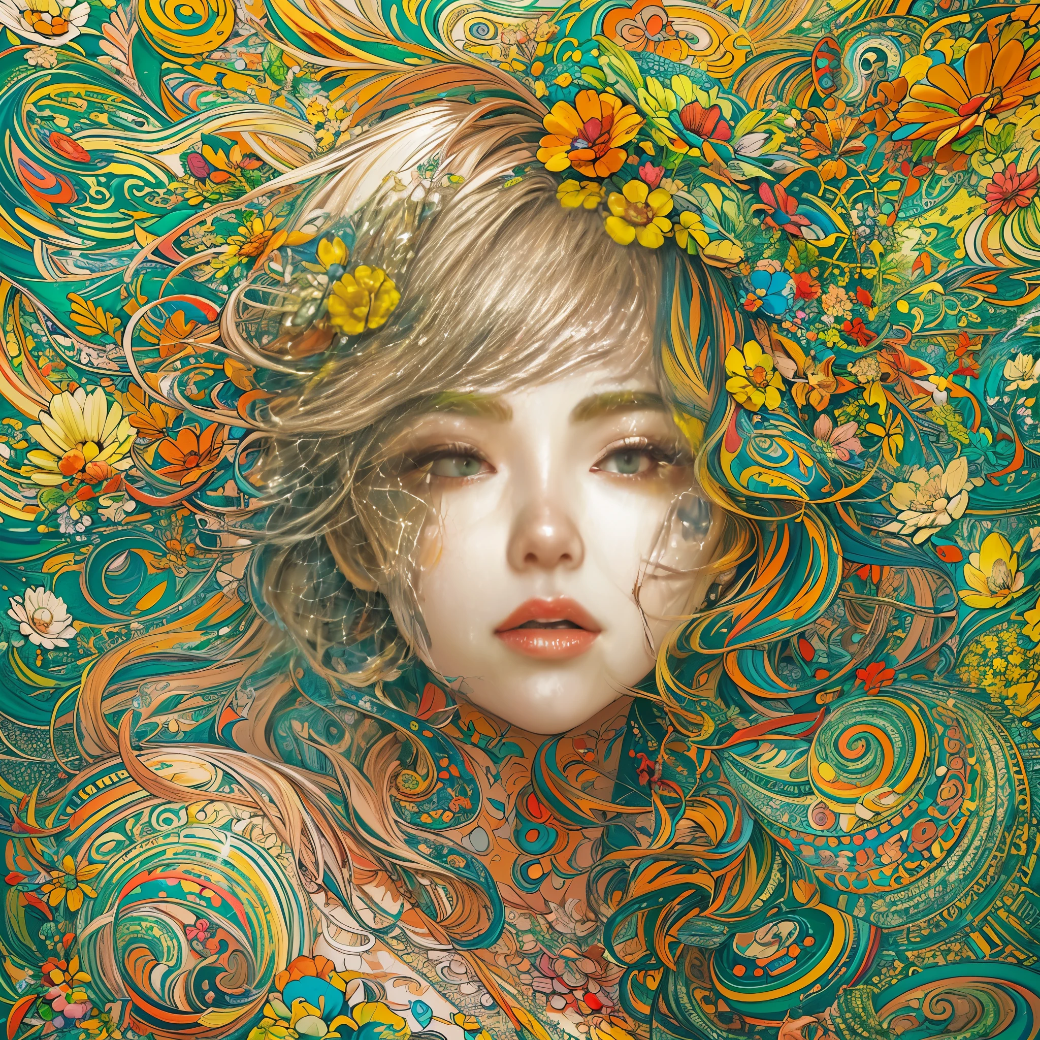 (flat-colors:1.4)、(colourfull:1.8)、(masuter piece:1.2)、top-quality、​masterpiece、Original、highly detailed wallpaper、looking at viewert、1 beautiful girl with a pattern、独奏、levitation of petals、(Fractal Art:1.2 ）、