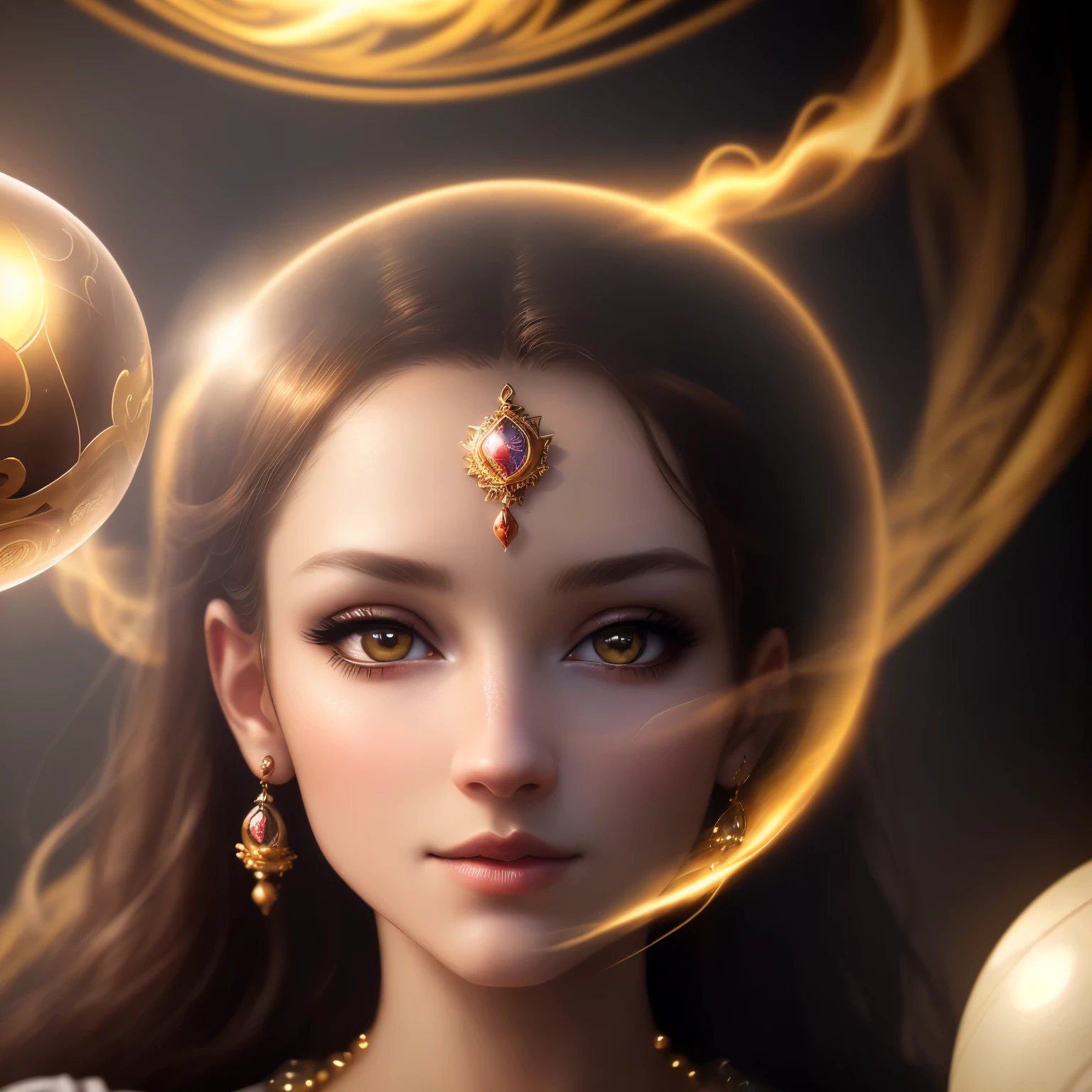 (Best Quality,4K,8K,hight resolution,masutepiece:1.2),Ultra-detailed,(Realistic,photoRealistic,photo-Realistic:1.37),A crystal ball stared at by mysterious eyes,Illustration,luxuriously decorated crystal ball,glimmering light,fascinating fortune teller,deep and captivating gaze,Vibrant colors,surRealistic style,evocative atmosphere,detailed facial features,golden gorgeous pattern,Magical smoke rising from the ball,Spooky Shadows,Dimly lit room