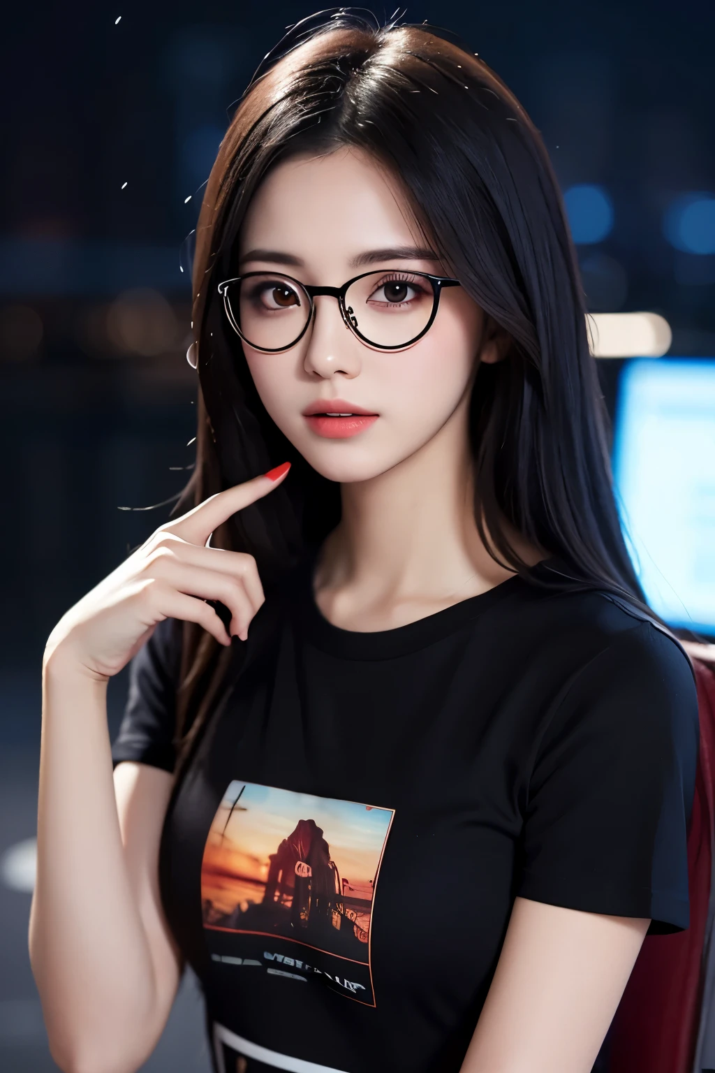 ((best quality)), ((masterpiece)), (detailed), perfect face, fit body, long black hair with red highlight, rectangle eyeglasses, black t-shirt, medium size chest, half body, night sky background