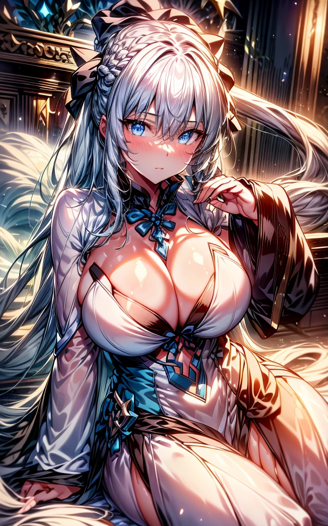 (Enrich the picture,Masterpiece level quality)Beautiful 8K CG artwork,1girl,solo,morgan le fay (fate),detailed face, perfect face, perfect eyes,blue eyes,Long Hair, pony tail,Very long hair, big boob, black bow,Hair Bow, thights,side locks, French braid, grey hair,Goddess-like posture,Kneeling exercise,Slim and soft,Translucent skin,big breasts,