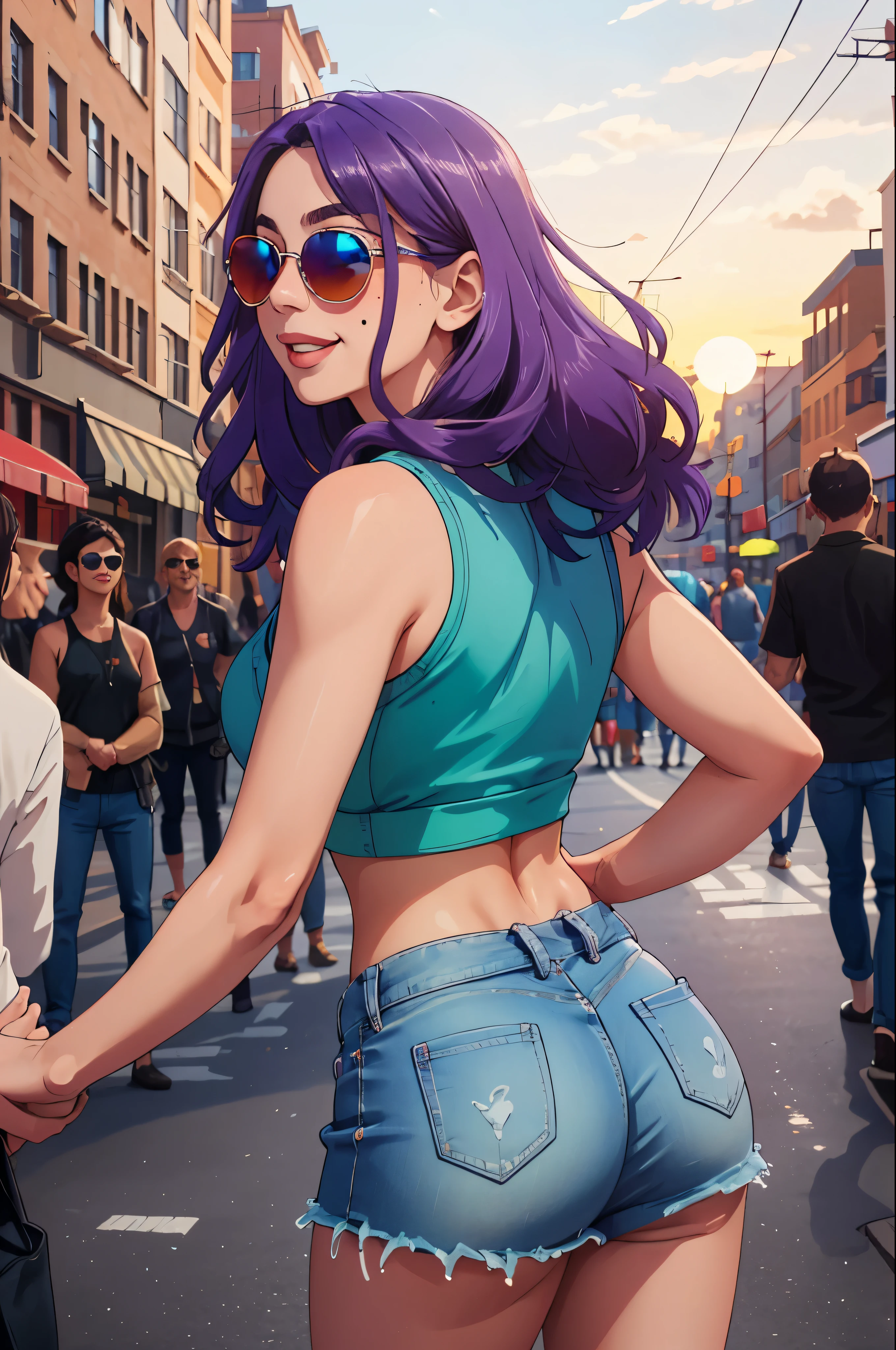 I bring life to the streets through my vibrant essence in a hyper-realistic photograph. Adorned in a red crop top and denim skirt, my purple locks cascade with joy, complemented by striking blue eyes hidden behind stylish sunglasses. White eyelashes and a charming mole add a touch of uniqueness. As I stand solo, looking back with a happy demeanor, the street becomes my canvas. The setting sun paints the sky in hues of blue, casting a warm glow on the scene. The atmosphere captures the essence of solitude and joy in the midst of  life.