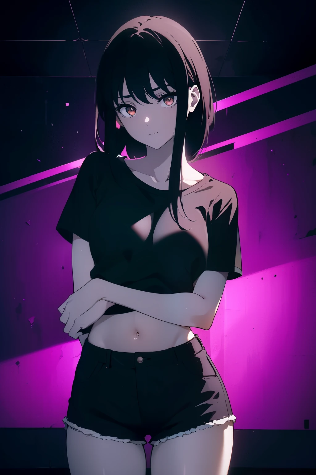 Anime girl in black shirt and shorts standing in a room - SeaArt AI