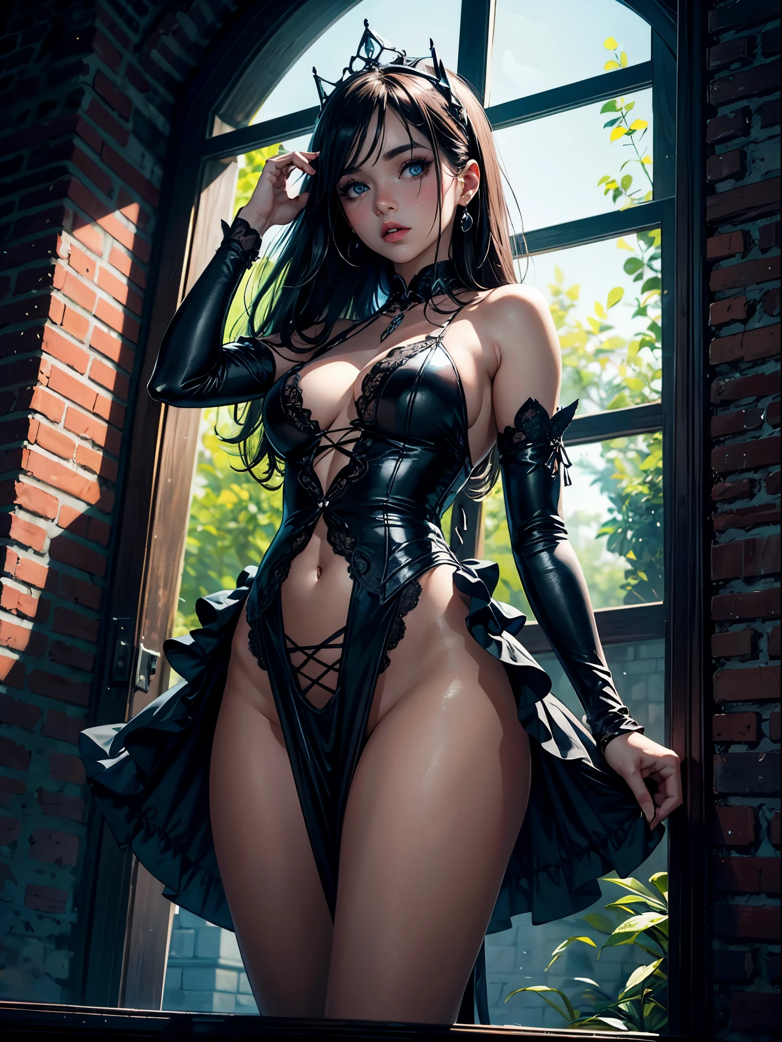 Retro game art (luis royo) comics style art of a (single) (1girl:1.2) shy young innecent princess, attractive, slender beauty with delicate femine figure, standing by the (window) trapped in lone medieval red brick tower surrounded by vast lands with rolling hills and dense forests. She reaches her hand in gesture of longing. Her windswept hair adorned with diadem framing an alluring face enhanced by dark makeup, including black eyeshadow. Her captivating detailed eyes with hypnotizing gaze, rosy cheeks, upturned nose, delicate narrow jawline, narrow cheekbones, and parted pouty full lips convey a longing and sadness