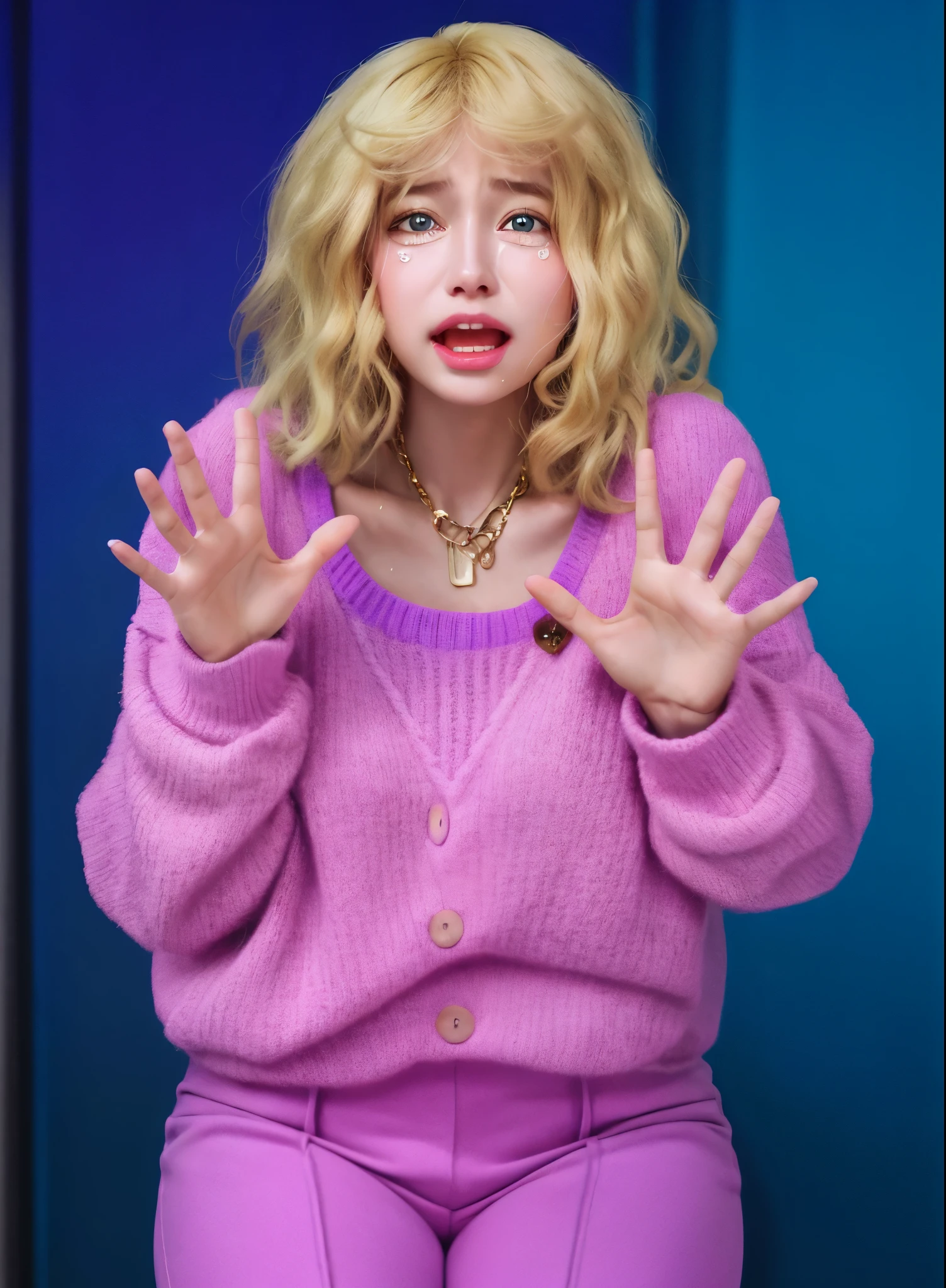 (blond girl teenager),(realistic,photorealistic),(girl crying),(pink sweater),(purple pants),(posing),(rim lighting),(4k,high resolution),(glossy hair wavy), hyperrealistic, dark background