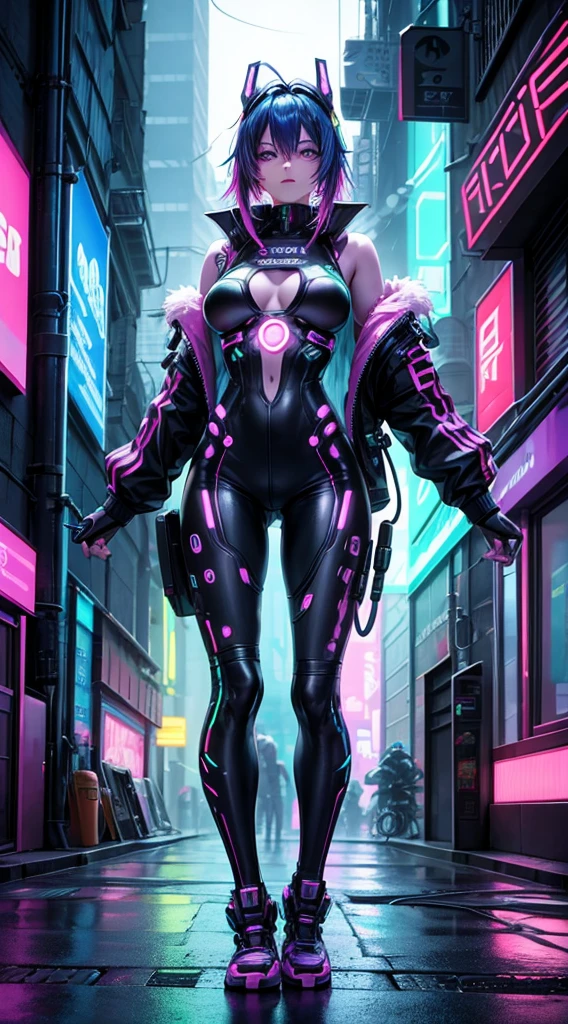 An augmented reality hacker, a woman with neon-dyed hair cascading down her back, her body partially transformed by cybernetic enhancements that blend seamlessly into her skin, standing amidst a labyrinth of neon-lit, fractal-infused alleyways in a sprawling futuristic metropolis.
