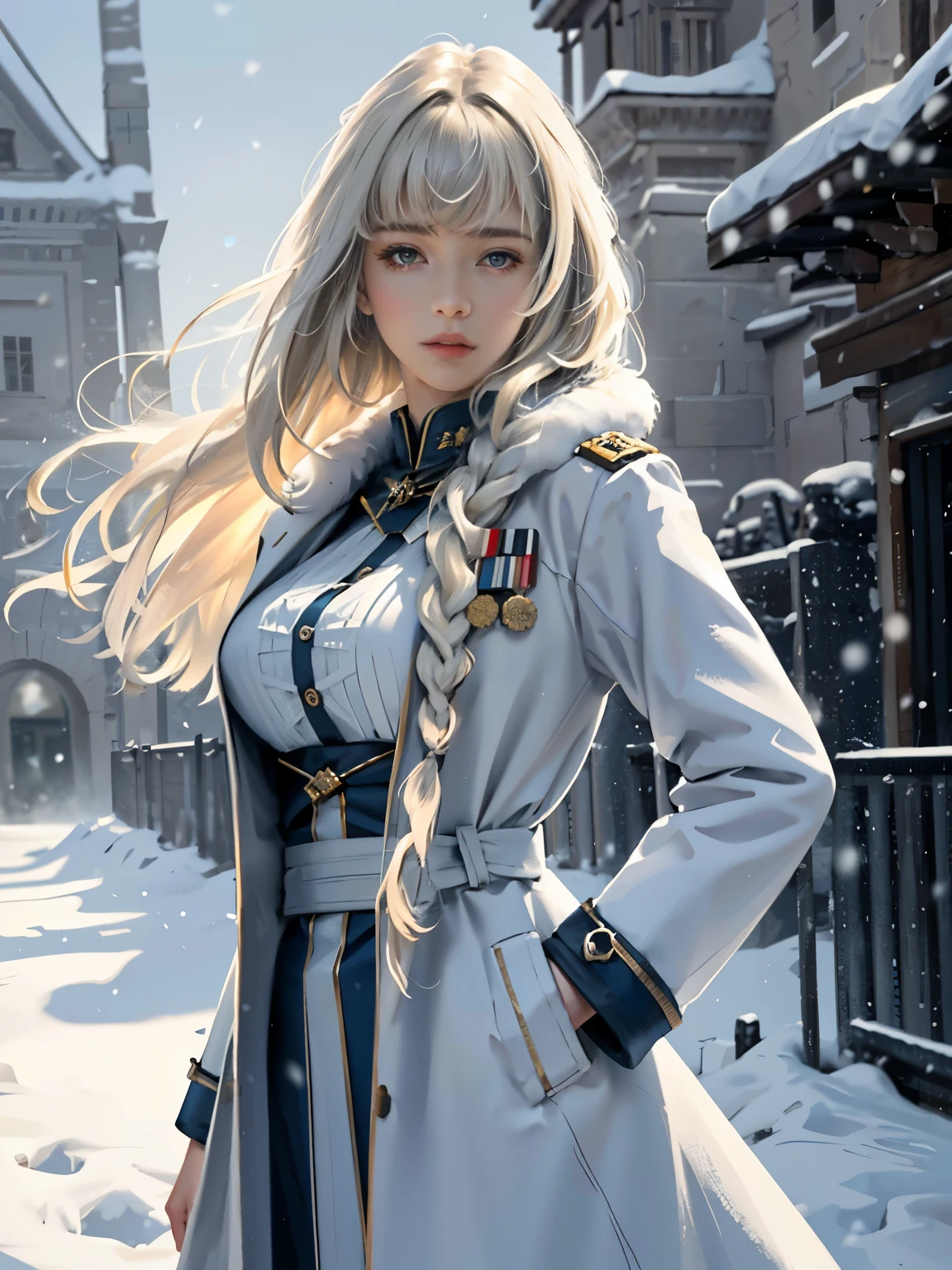 (highest resolution, distinct_image) Best quality, single person, one girl, solo, masterpiece, highly detailed, realistic, long hair, braided white blond hair, (blue military uniform underneath coat), depth of field, outdoor background, falling snow, ((big breasts)), authoritative, dignified, calm and powerful expression, ambient lighting, exquisite facial features, fur trimmed white coat, open coat, looking at viewer, head to waist, in a terrace of a monumental building, (((front bangs))), dynamic angle, striking a pose
