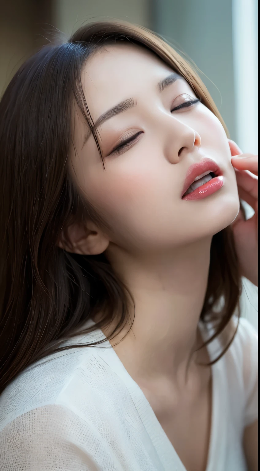 masutepiece, Best Quality, Illustration, Ultra-detailed, finely detail, hight resolution, 8K Wallpaper, Perfect dynamic composition, Beautiful detailed eyes , Hotel(Bet), Sexy face,Face feeling ecstasy,Face at the peak of sexual arousal,excited face from ,Blur the background,beautifull detailed face,Slender face,gal make,Cute,sexy pose,Close your eyes、Look up
