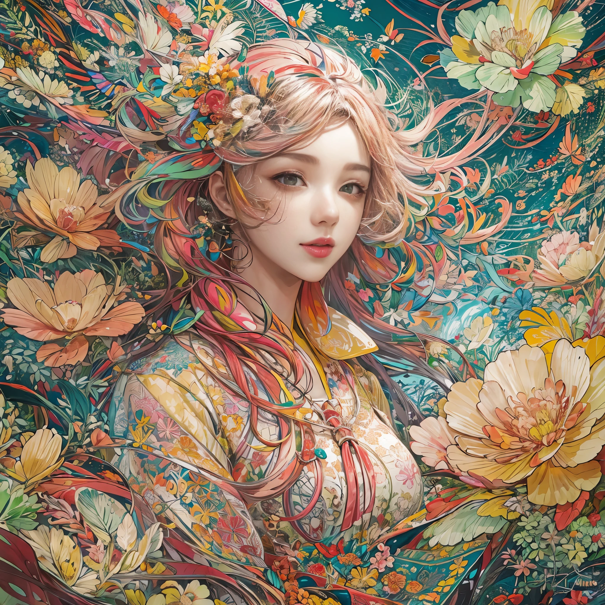(flat-colors:1.4)、(colourfull:1.8)、(masuter piece:1.2)、top-quality、masterpiece、Original、highly detailed wallpaper、looking at viewert、1 beautiful girl、独奏、floating pink petals、(Fractal Art:1.2 )、