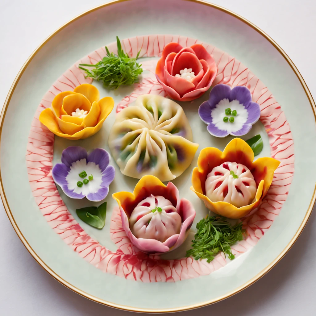 (most exquisite,gourmet,delicious,artistic:1.2)flower dumplings,colourful edible flowers (such as roses,tulips and violets),handmade dough,pork and vegetable filling,steamed dumplings,serving on a rose-patterned porcelain plate,freshly picked herbs and spring onions as garnish,vibrant and appetizing presentation (artistry:1.1),natural lighting emphasizing the vibrant colors