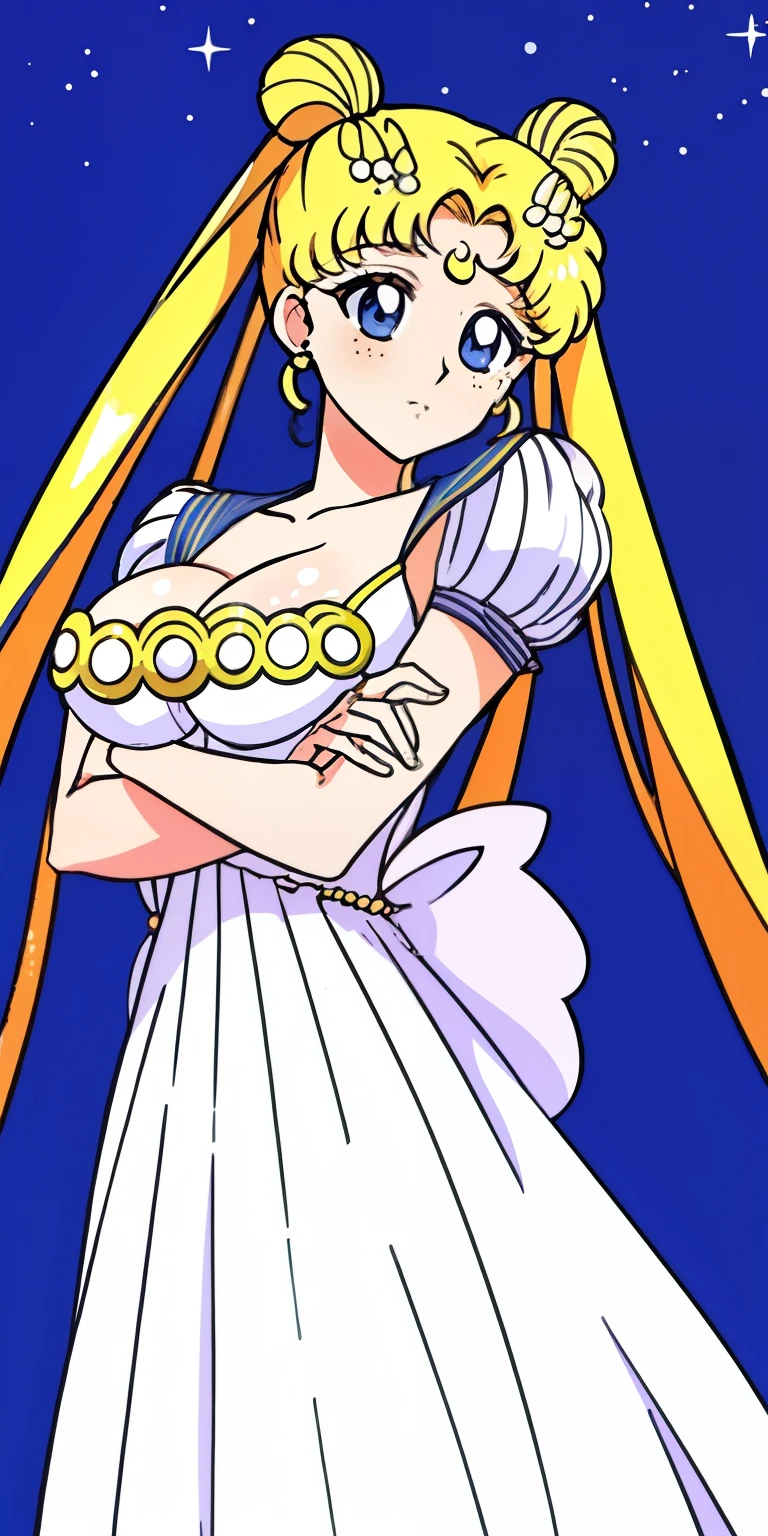 SMU Sagitsukino, 큰pectorals, Standing, Solo, Masterpiece, Best Quality, Detailed face, Detailed Eyes, high resolucion, Masterpiece, Best Quality, Detailed face, Detailed Eyes, high resolucion, Princess costume,tranquility,프린세스tranquility,네오퀸tranquility,pectorals,Big,거대한pectorals,풍만한pectorals.a blond,Dumpling head,왕pectorals,breast,forehead crescent moon,젖pectorals,흘러넘치는pectorals,voluptuousness,The dress,crescent moon on forehead