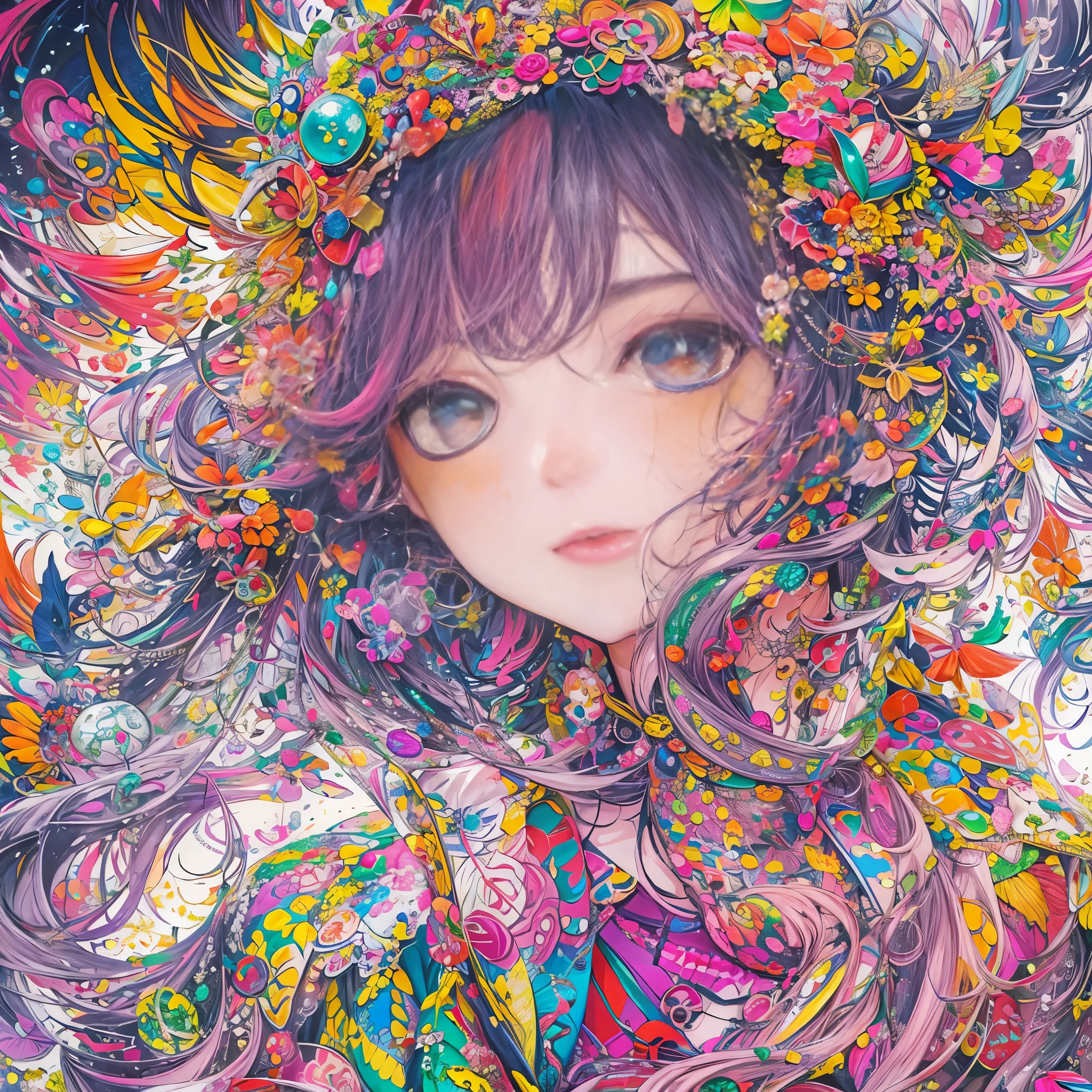 (flat-colors:1.4)、(colourfull:1.8)、(masuter piece:1.2)、top-quality、masterpiece、Original、highly detailed wallpaper、looking at viewert、1 beautiful girl with a pattern、独奏、colourfullなsnowflakeの浮揚、(Fractal Art:1.2 )、